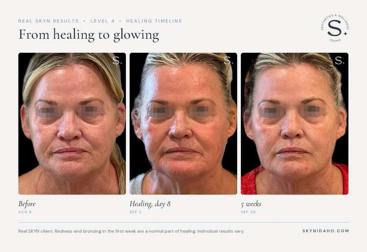Before and after, From healing to glowing, 5 weeks, Level 4 · UltraClear® + Laser Coring