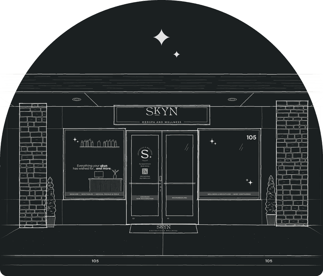 Hand drawn illustration of the SKYN Aesthetics and Wellness storefront at 12545 W State St, Suite 105 in Star, Idaho