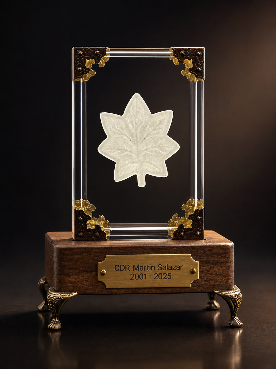 GhostGlass illuminated eagle tribute monument with wood base and brass nameplate.