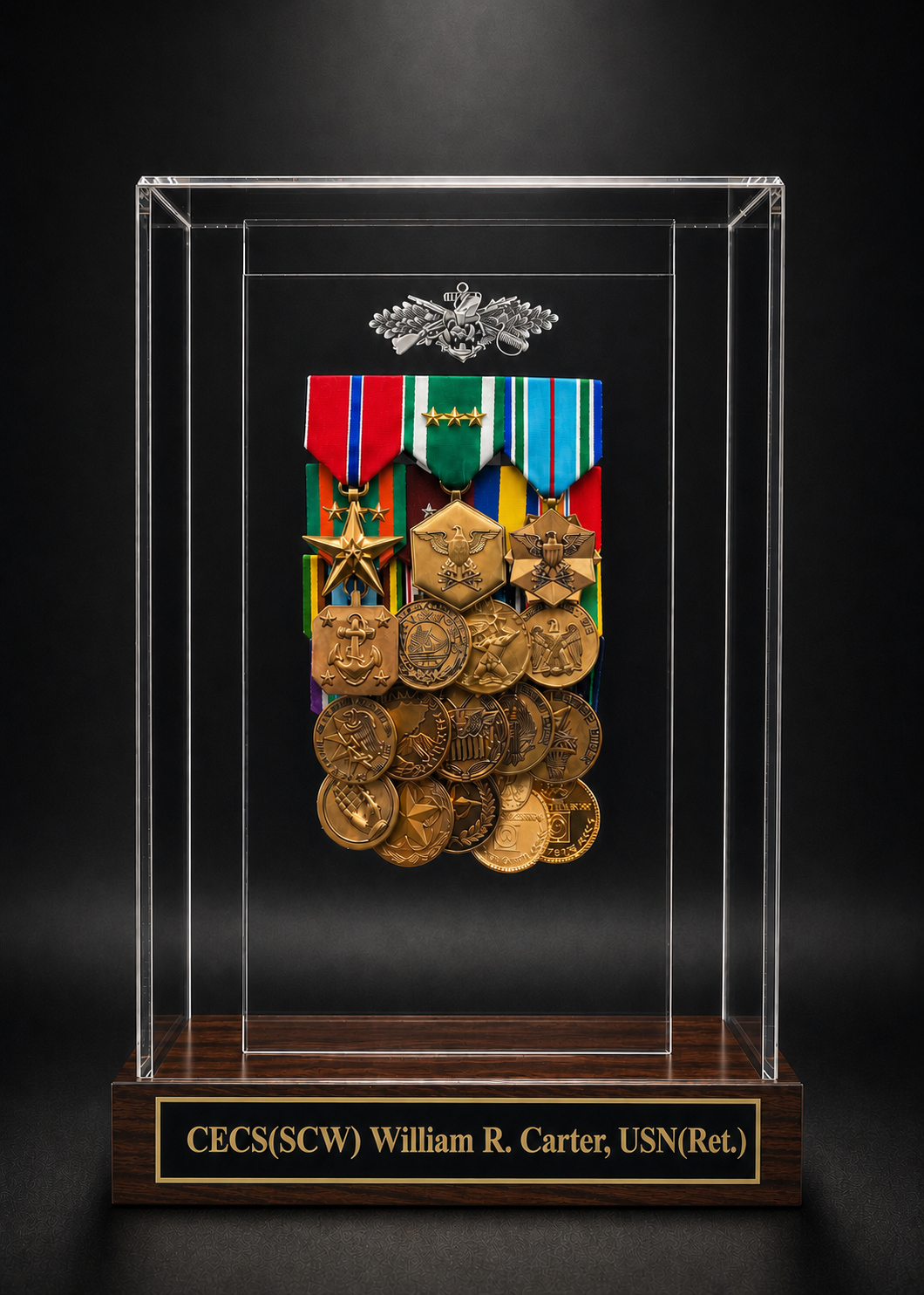ExhibiGlass display preserving original medals and insignia in a preservation-grade presentation.