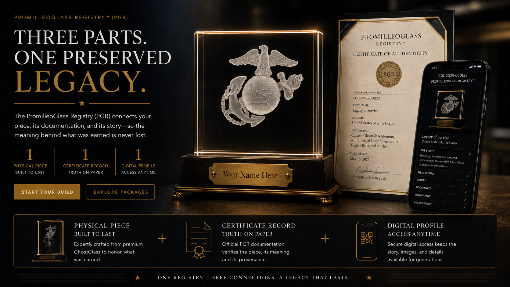 PromilleoGlass Registry hero showing a premium GhostGlass monument with certificate documentation and digital registry access.