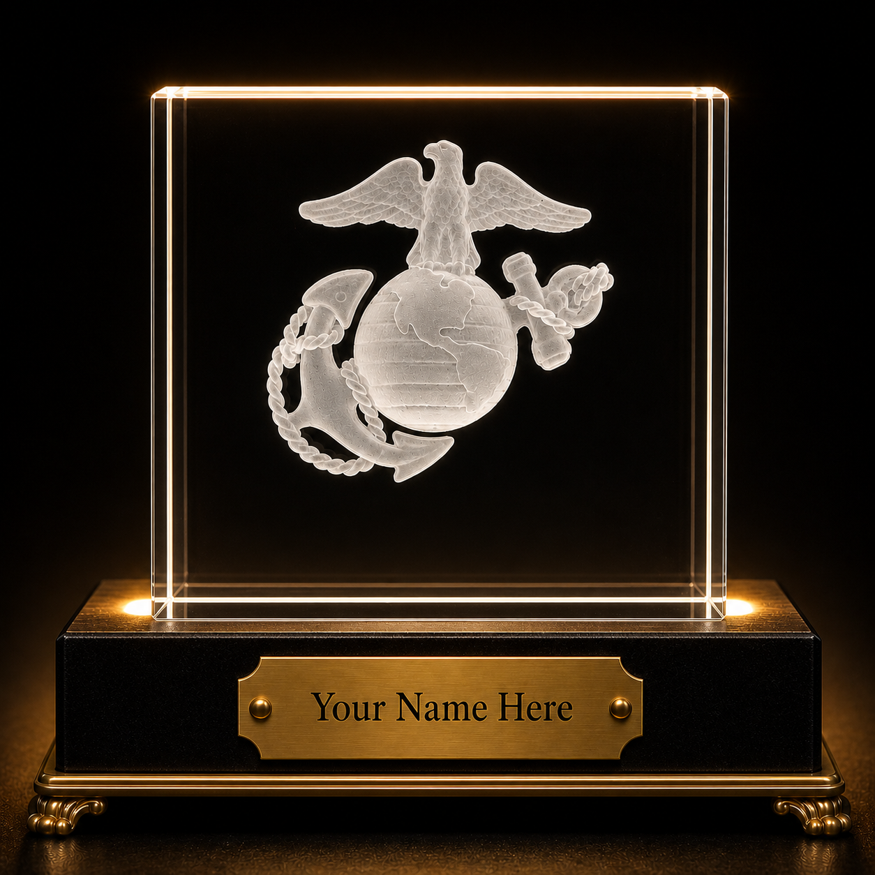 PromilleoGlass GhostGlass USMC Eagle Globe and Anchor monument illuminated on a wood display base.