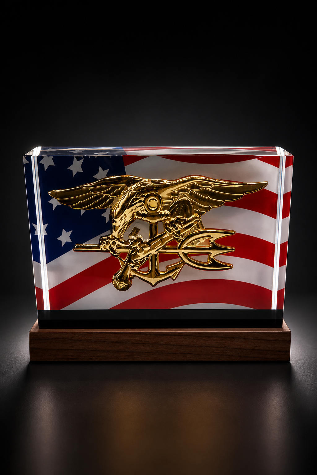 BallistiGlass Navy SEAL style emblem monument with American flag background and wood base.
