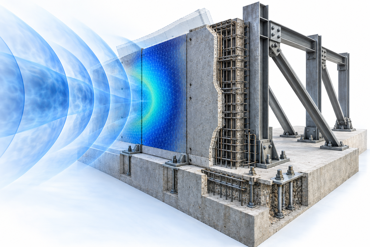 Conceptual blast-response illustration showing a reinforced concrete wall, reinforcement cage, supporting steel frame, connections, and pressure-wave overlays; no client data.