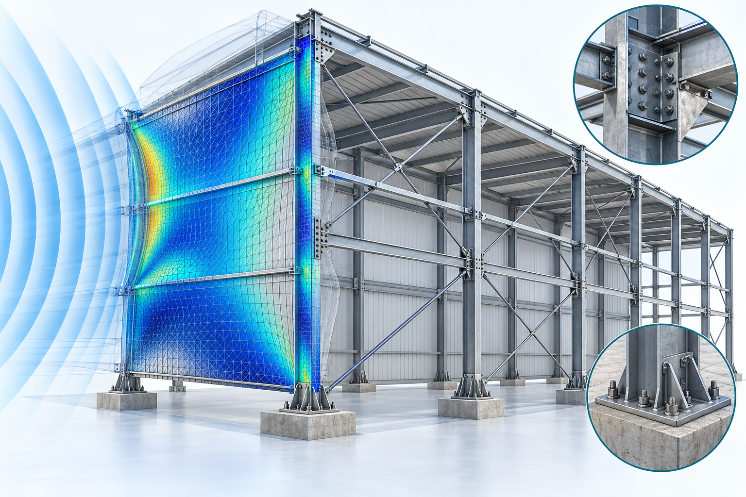 Conceptual industrial-frame blast-response illustration with pressure-wave overlays, finite-element response, wall panels, and enlarged connection details; no client data.