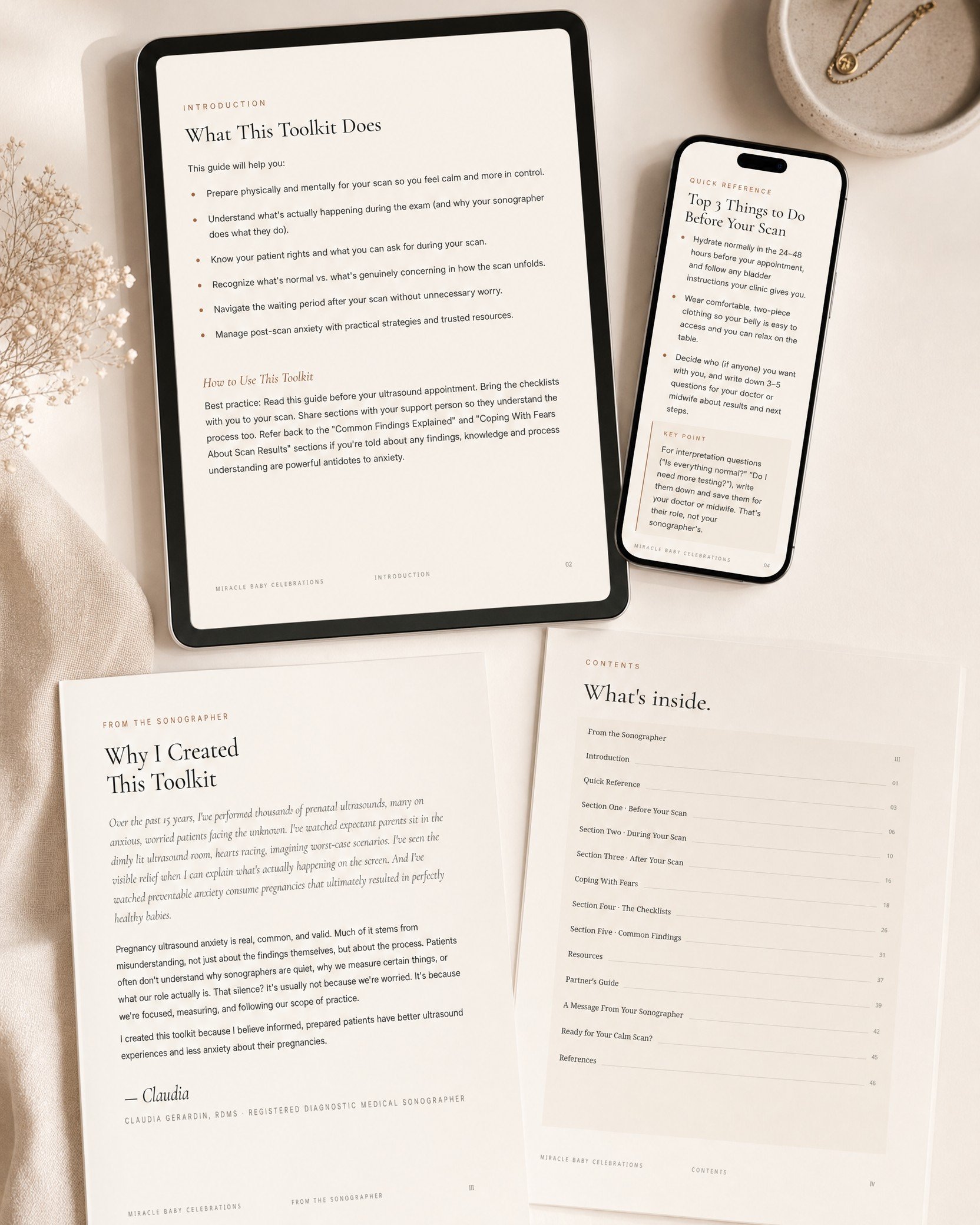 Inside pages of The Calm Scan Toolkit showing what to expect before, during and after a pregnancy ultrasound