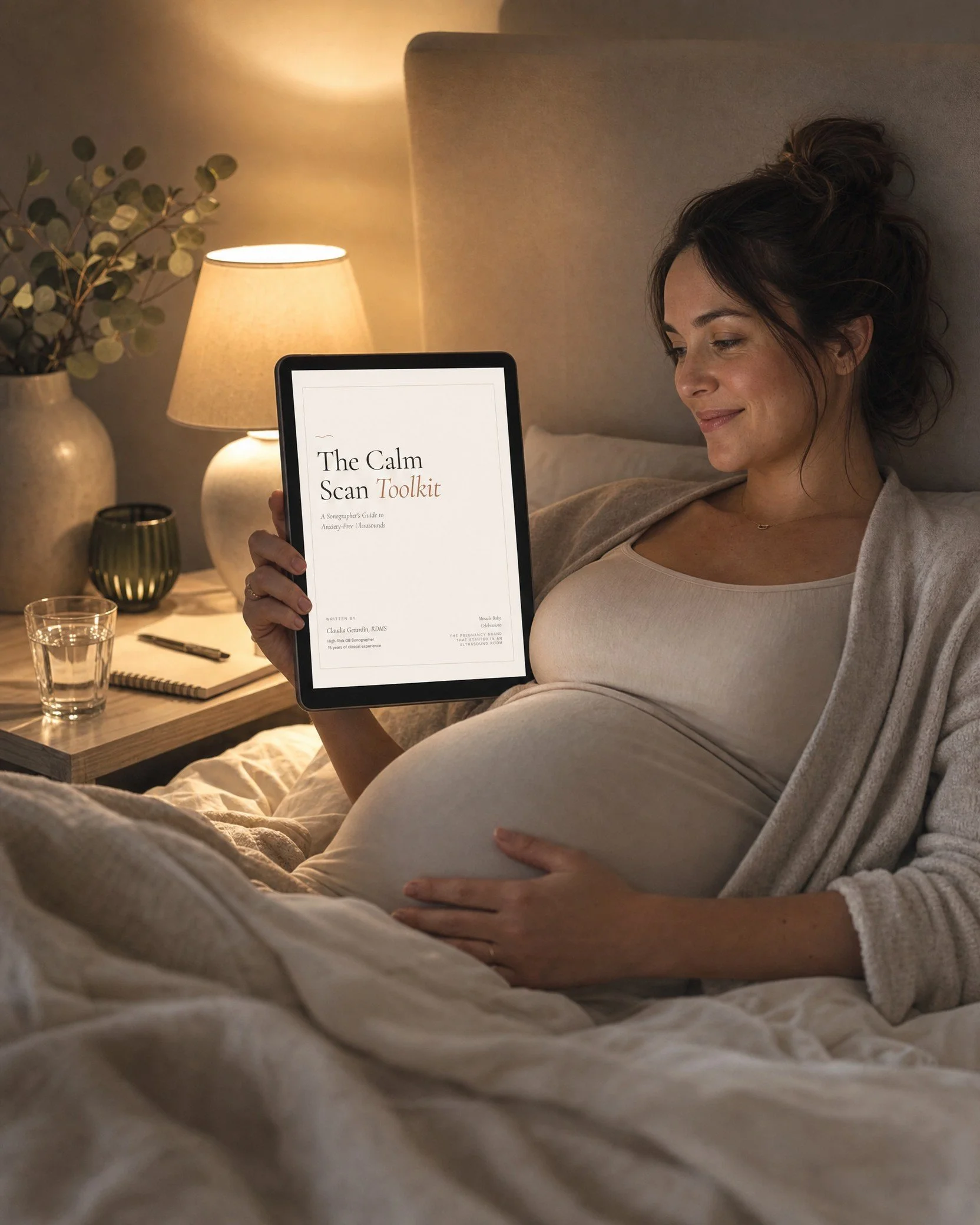 Pregnant woman reading The Calm Scan Toolkit calmly in bed to ease ultrasound anxiety
