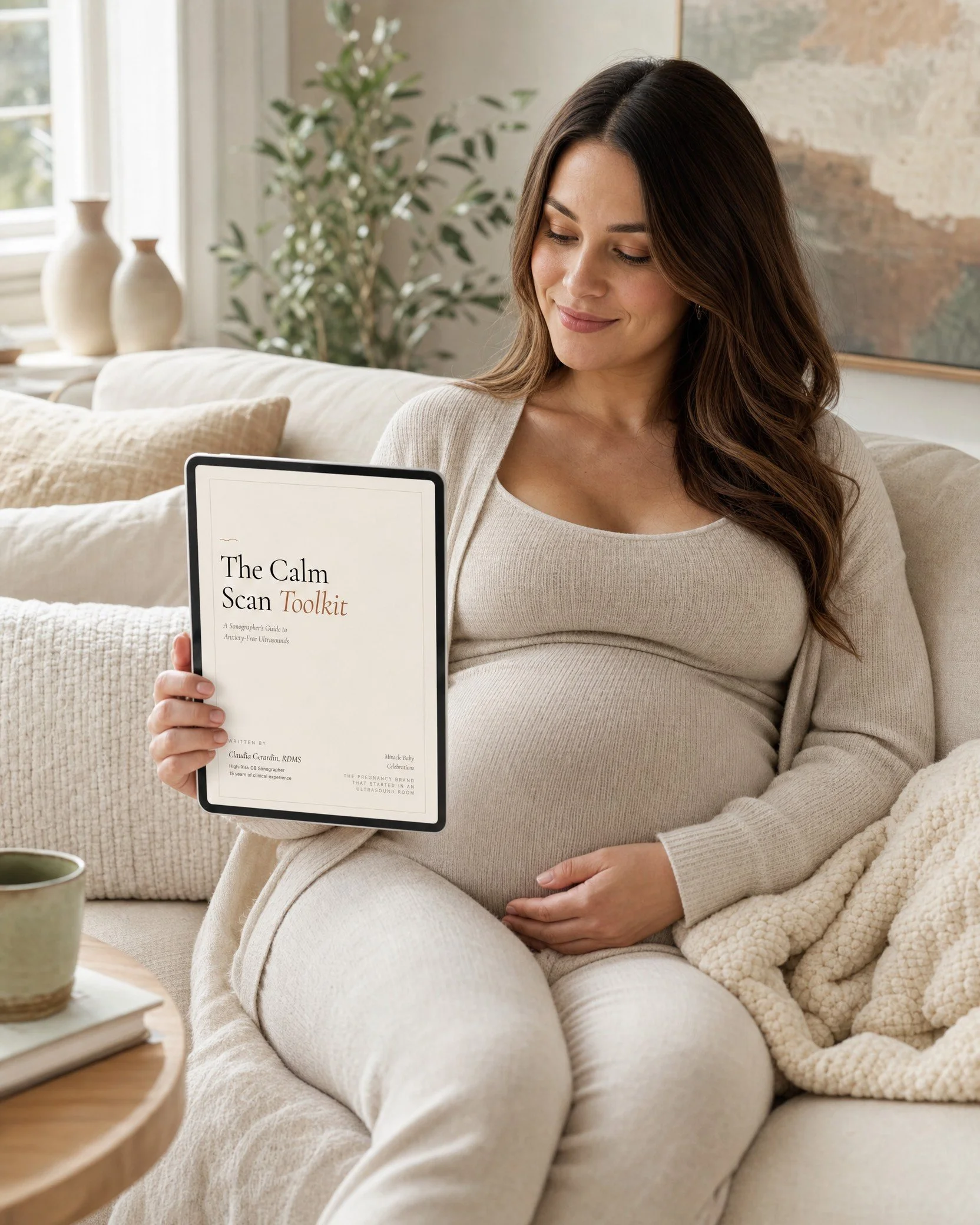 Expecting mother relaxing while reading the anxiety-free ultrasound guide by sonographer Claudia Gerardin