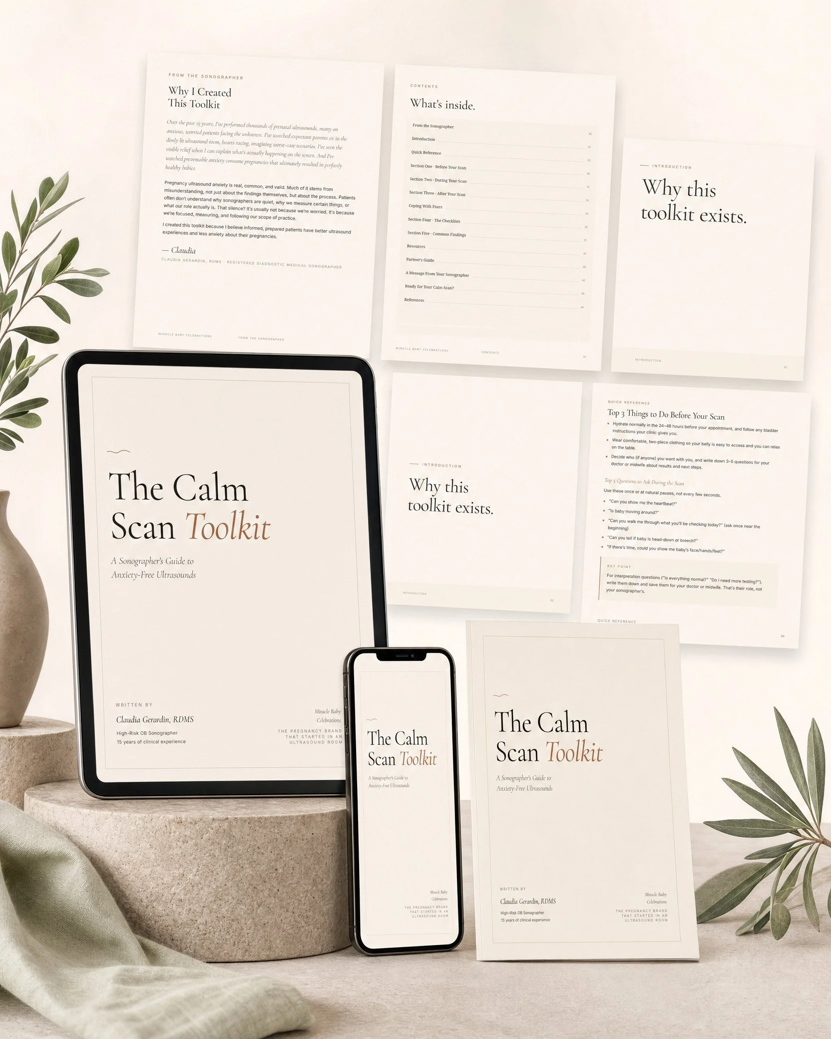 The complete Calm Scan Toolkit collection on tablet, phone and print, a digital pregnancy ultrasound guide