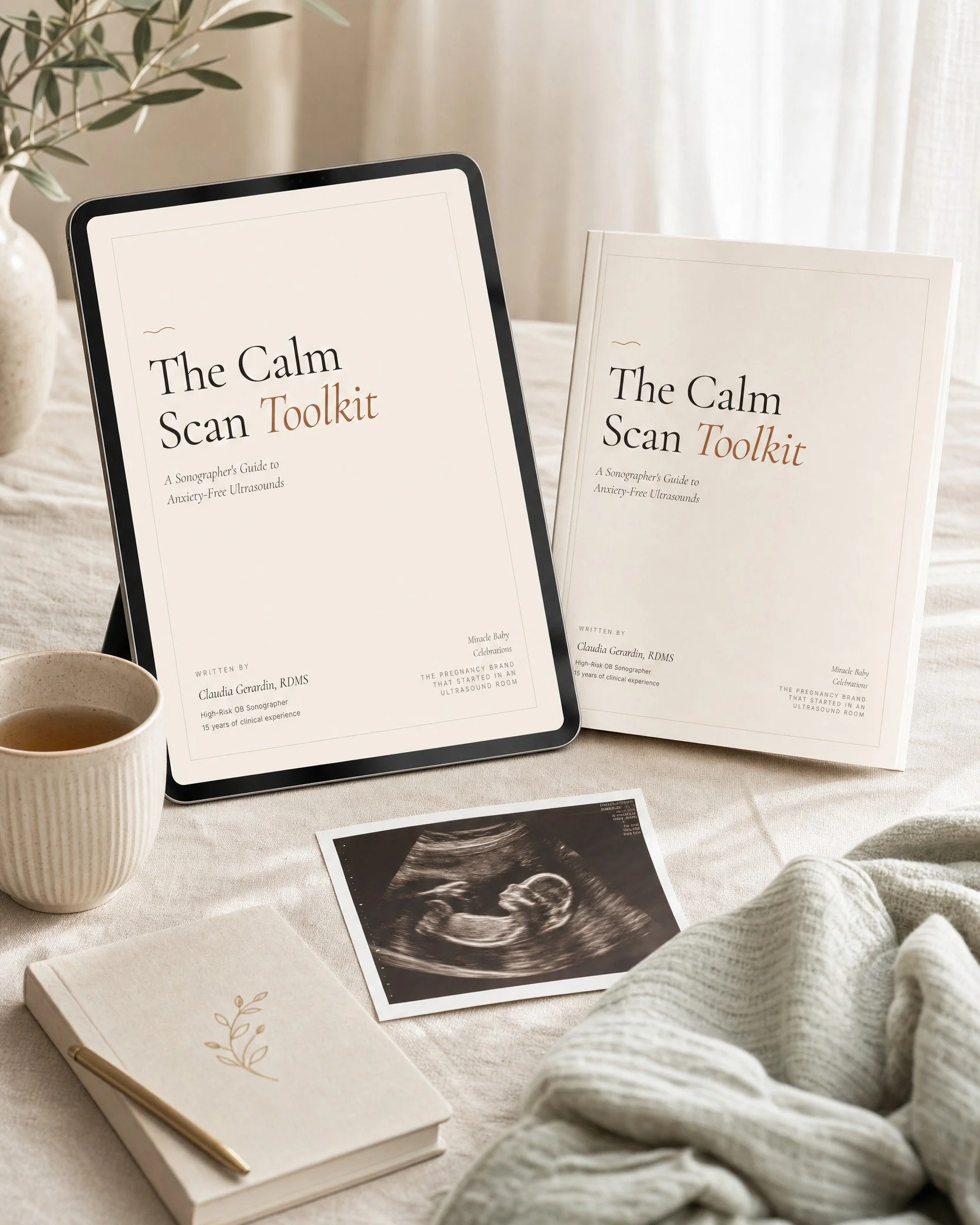 The Calm Scan Toolkit, a sonographer's pregnancy ultrasound guide, shown on a tablet and printed book