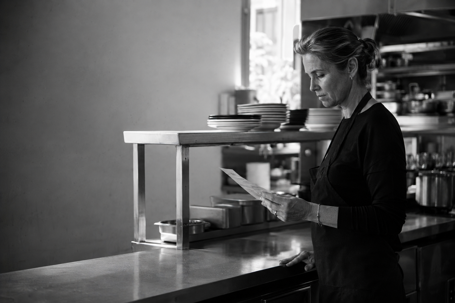 A restaurant owner reading the day's numbers in her kitchen