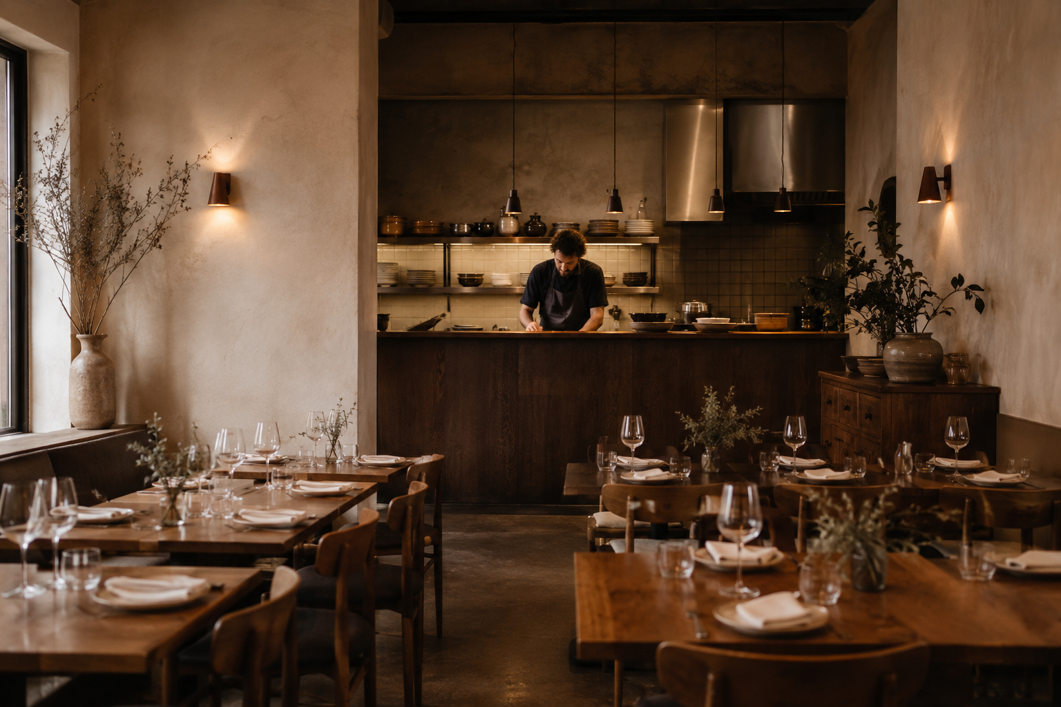 A restaurant dining room before service