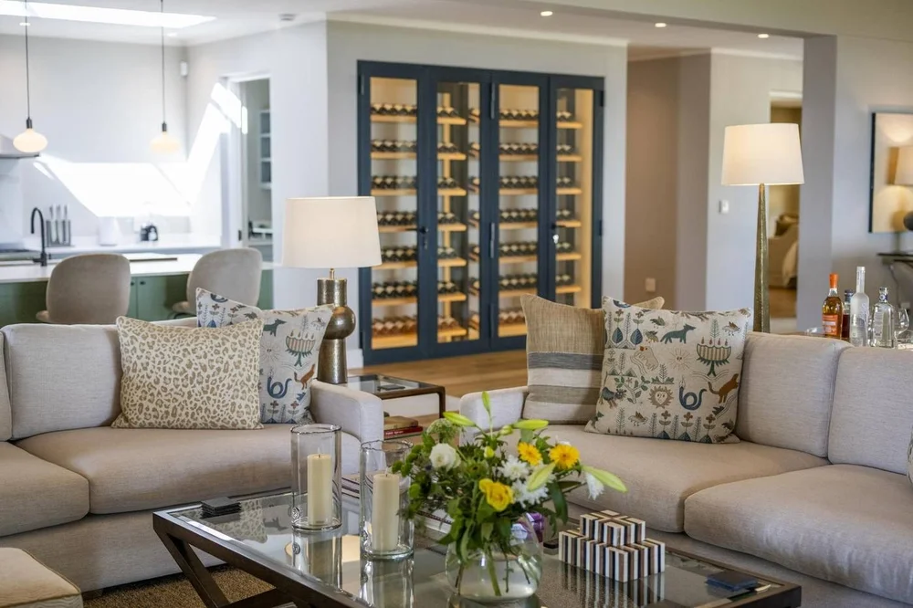 The lodge kitchen and wine wall