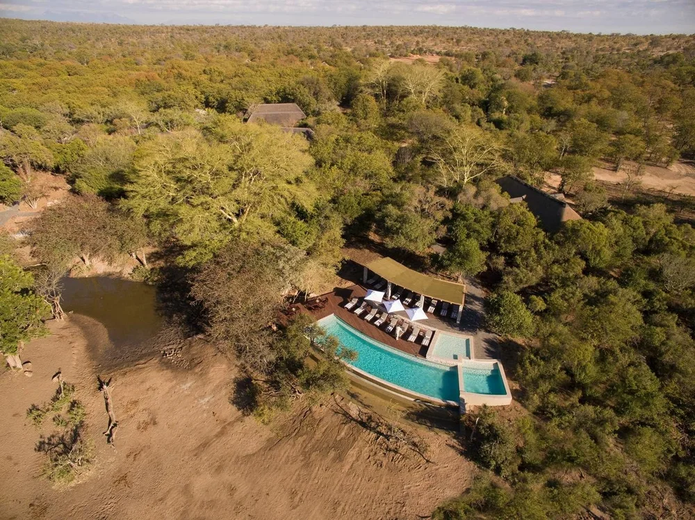 The lodge pool above the riverbed, from the air