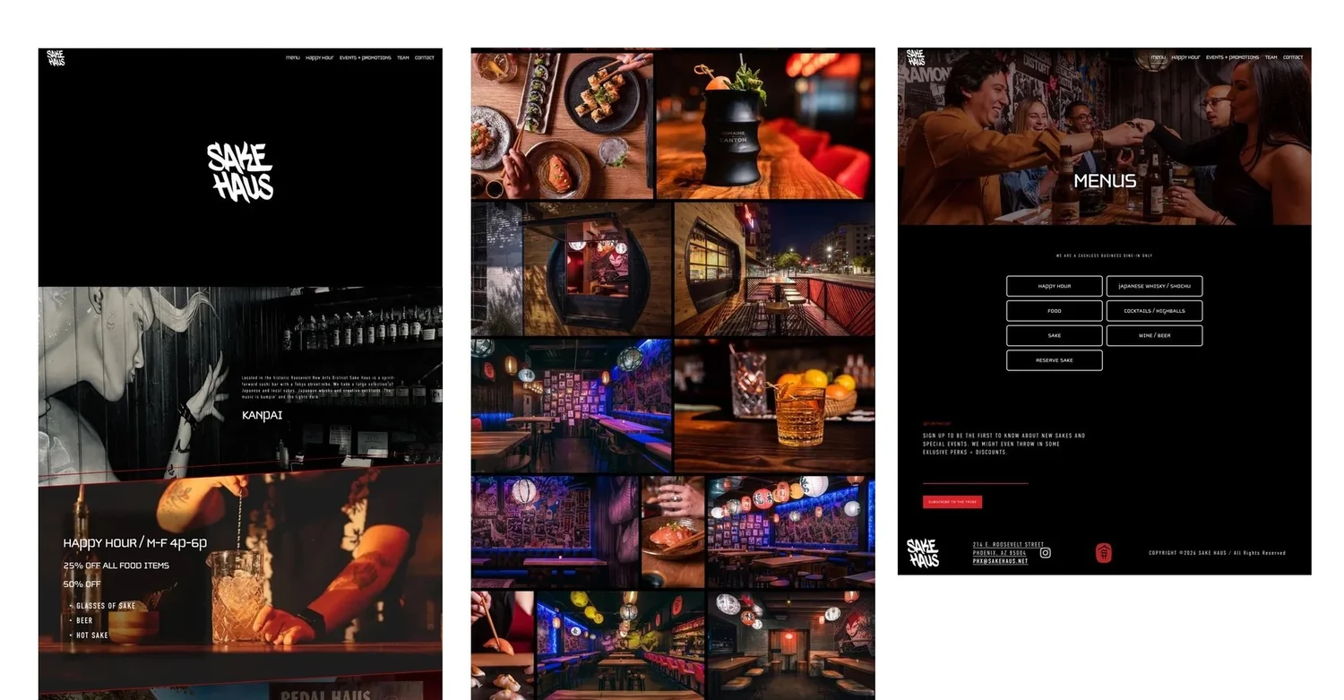 Sake Haus website pages designed by Goat Sites, a web design company