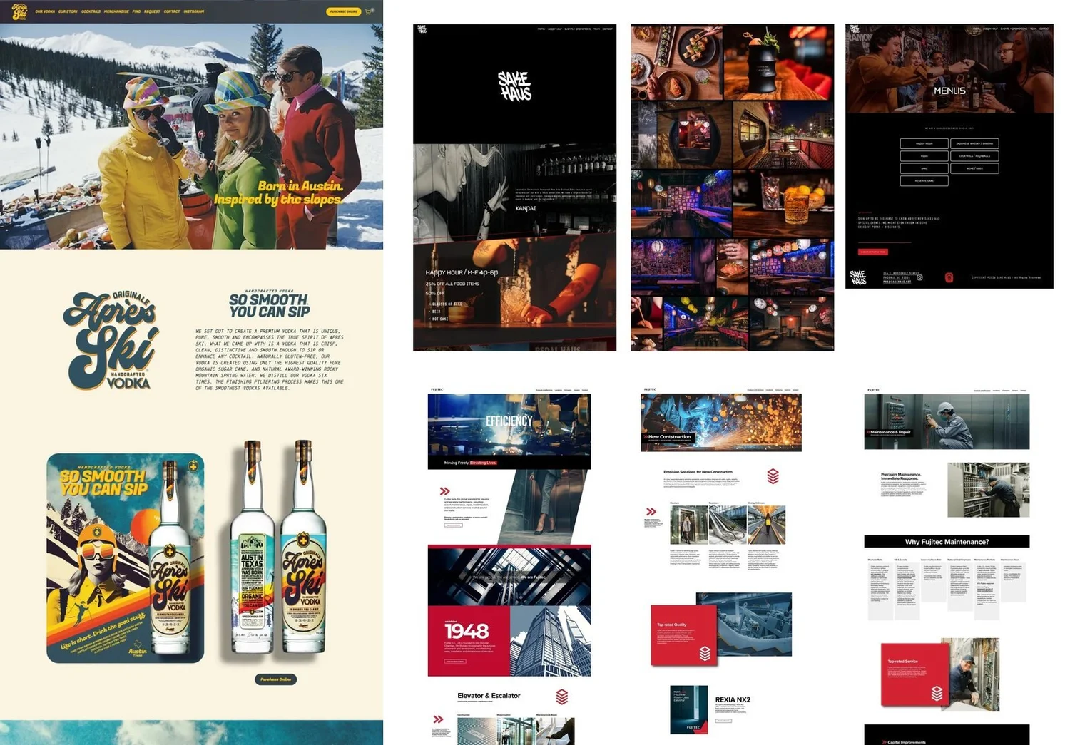 Three websites built by Goat Sites: Après Ski Vodka, Sake Haus and Fujitec