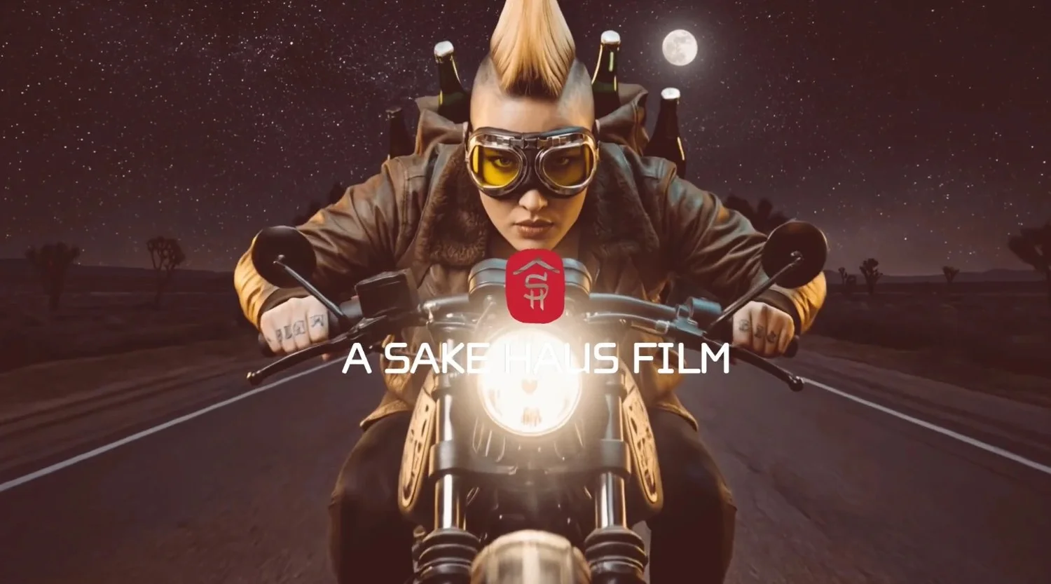 Sake Haus film still: a rider in goggles on a motorcycle on a desert road at night, titled A Sake Haus Film