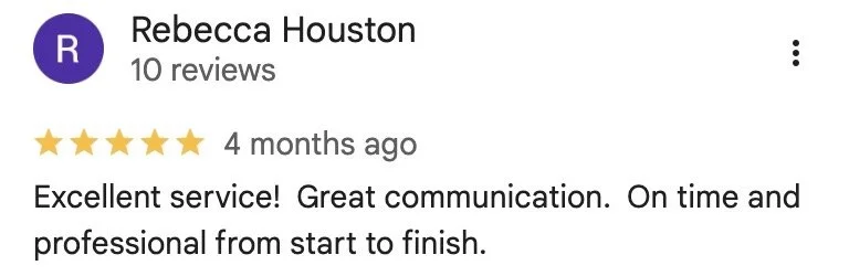 Google review by Rebecca Houston, rated five stars. Exact review text is provided below.