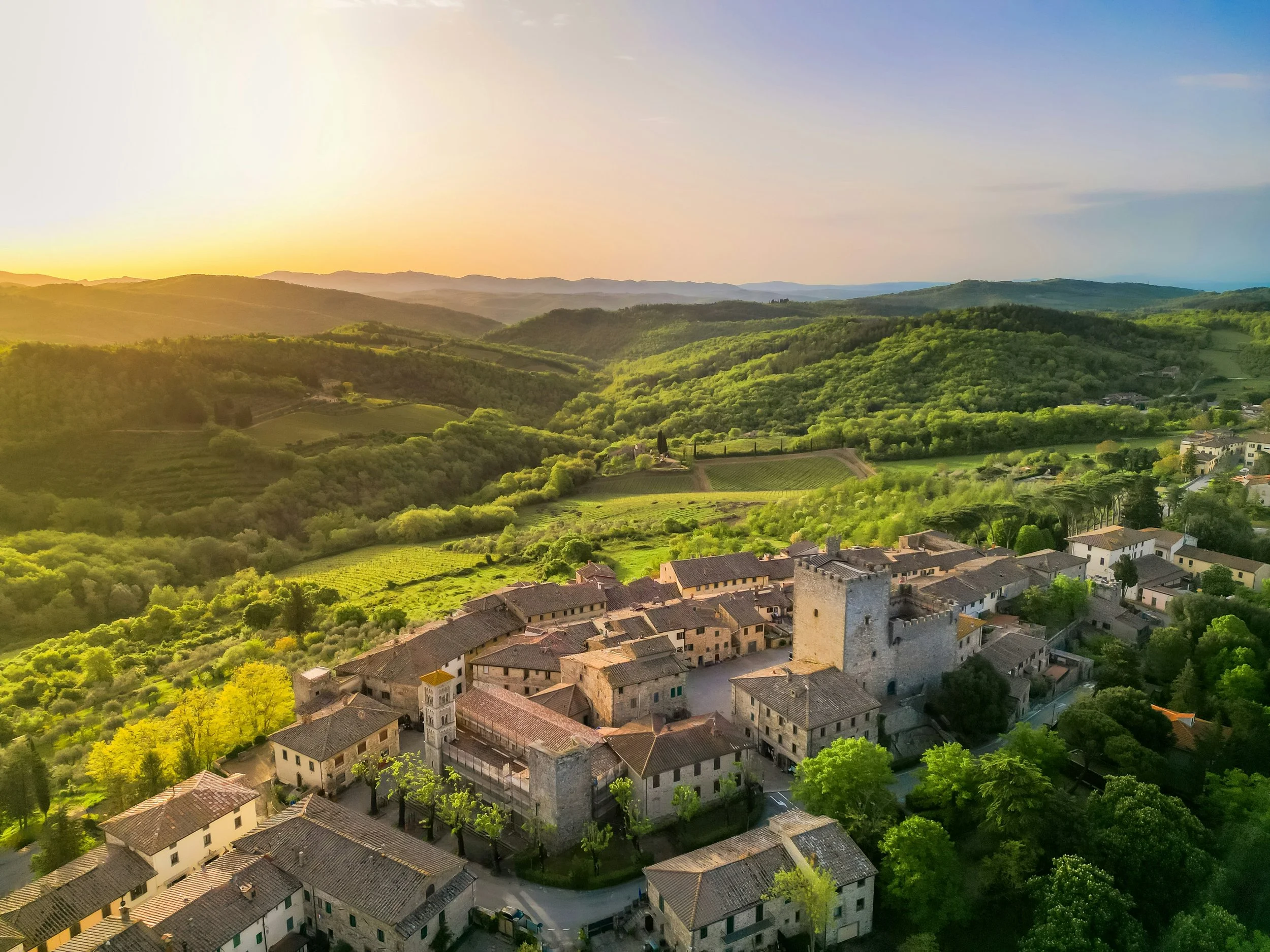 Castellina in Chianti and the Tuscan hills at sunset