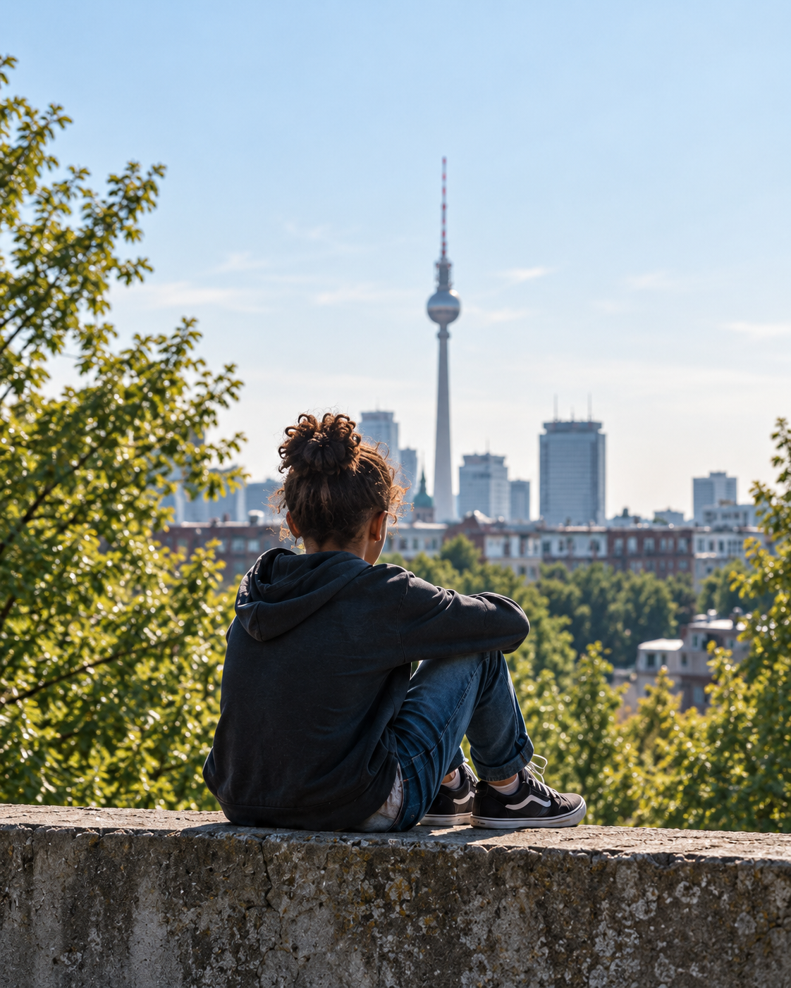 Junger Mensch sitzt auf einer Steinmauer und blickt über Berlin zum Fernsehturm
