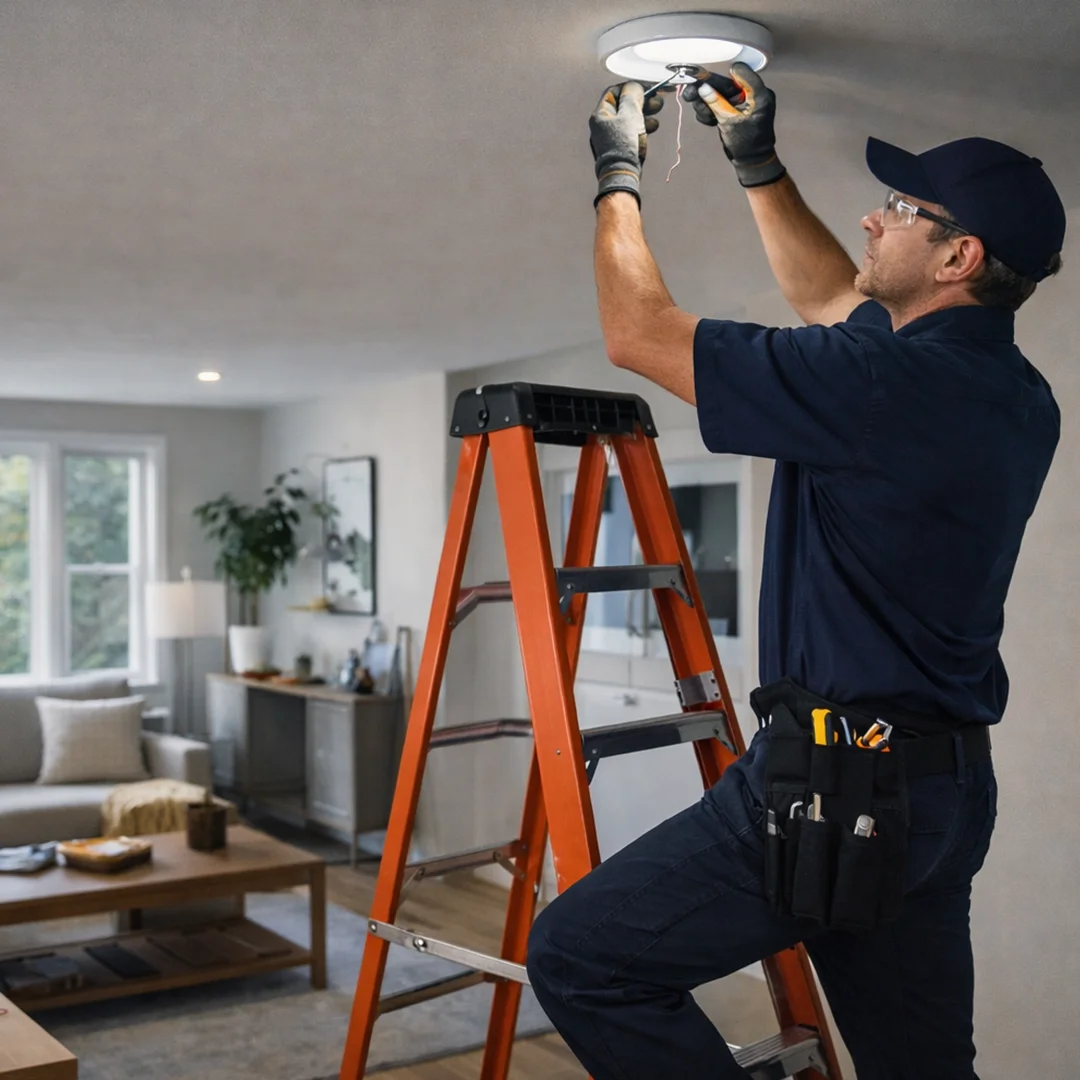 Electrician performing electrical work inside a modern home