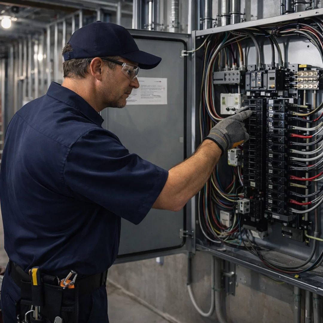 Electrician working on electrical systems in a commercial building
