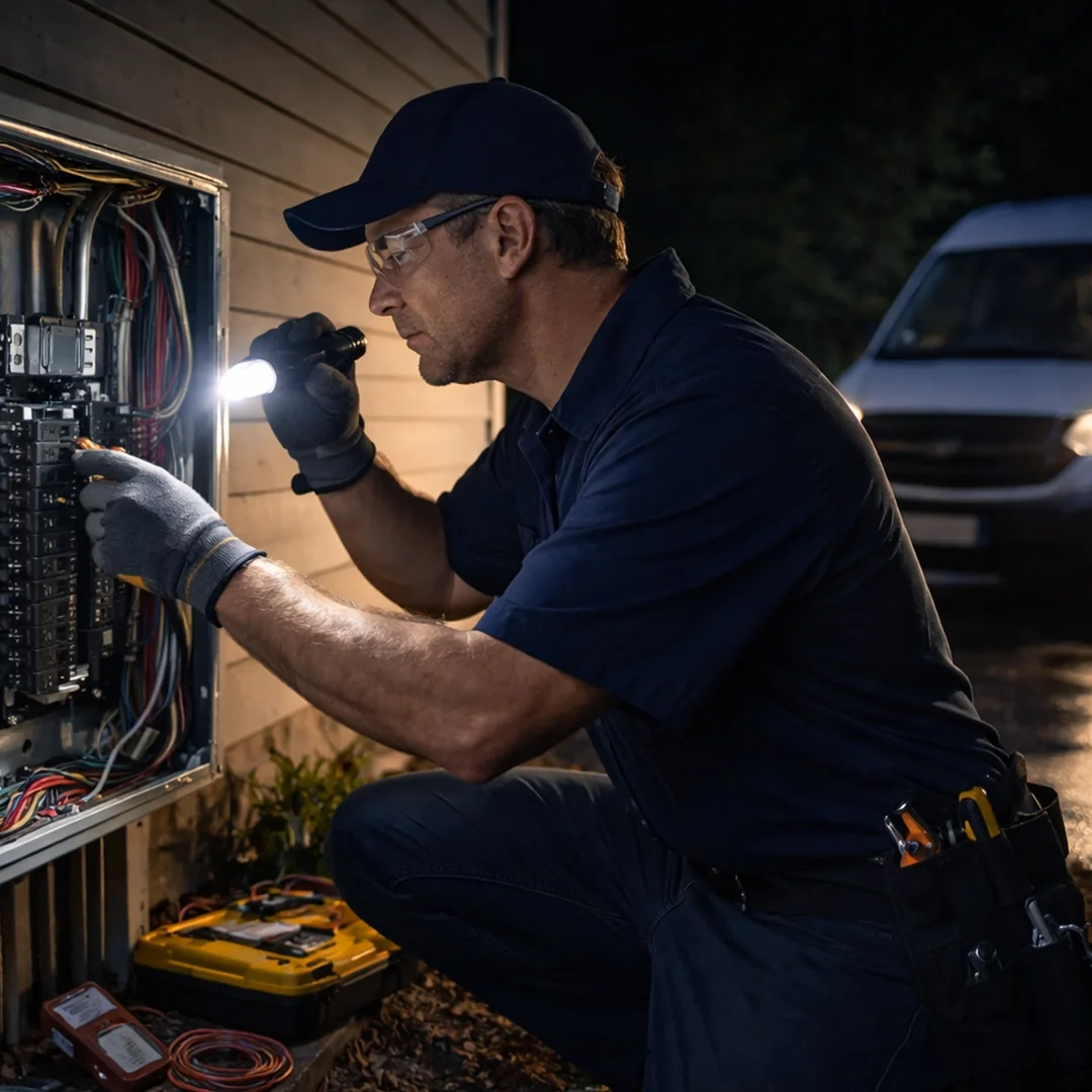 Emergency electrician working at night outside a home