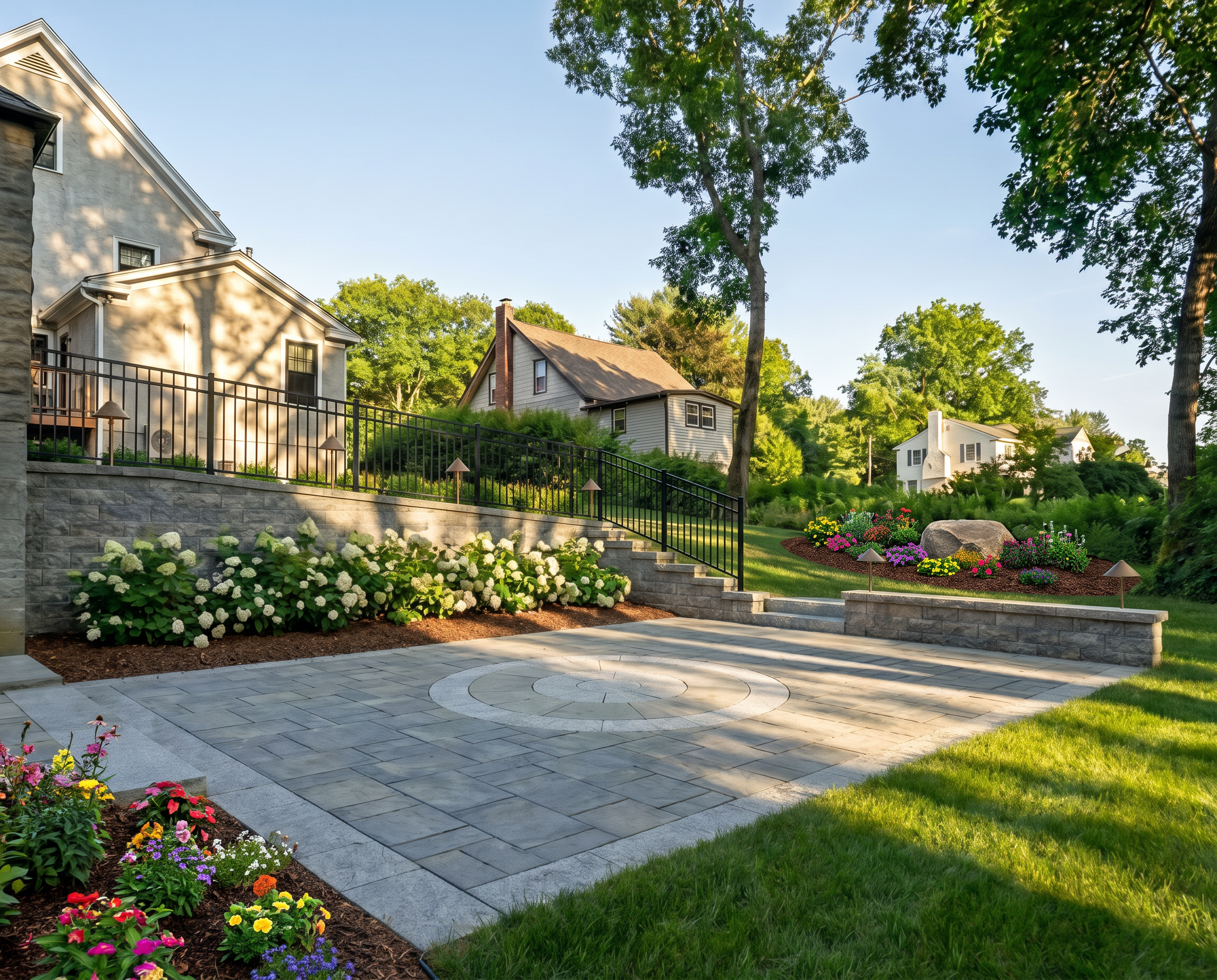 After render showing the yard redesigned with a patio, fence, and mulch beds.