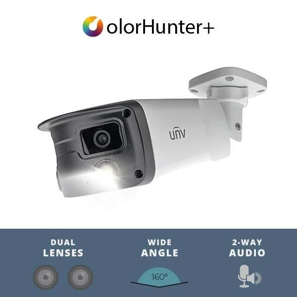UNV 4MP Wide Angle Weatherproof 24/7 ColorHunter bullet camera with dual fixed lenses and two-way audio