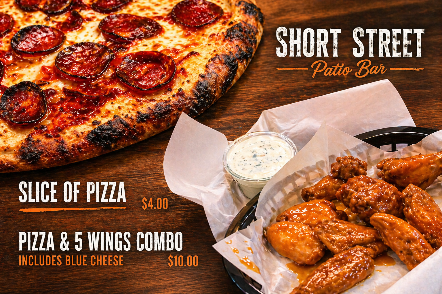 Pizza by the slice and wings from Short Street Patio Bar in Lockport NY