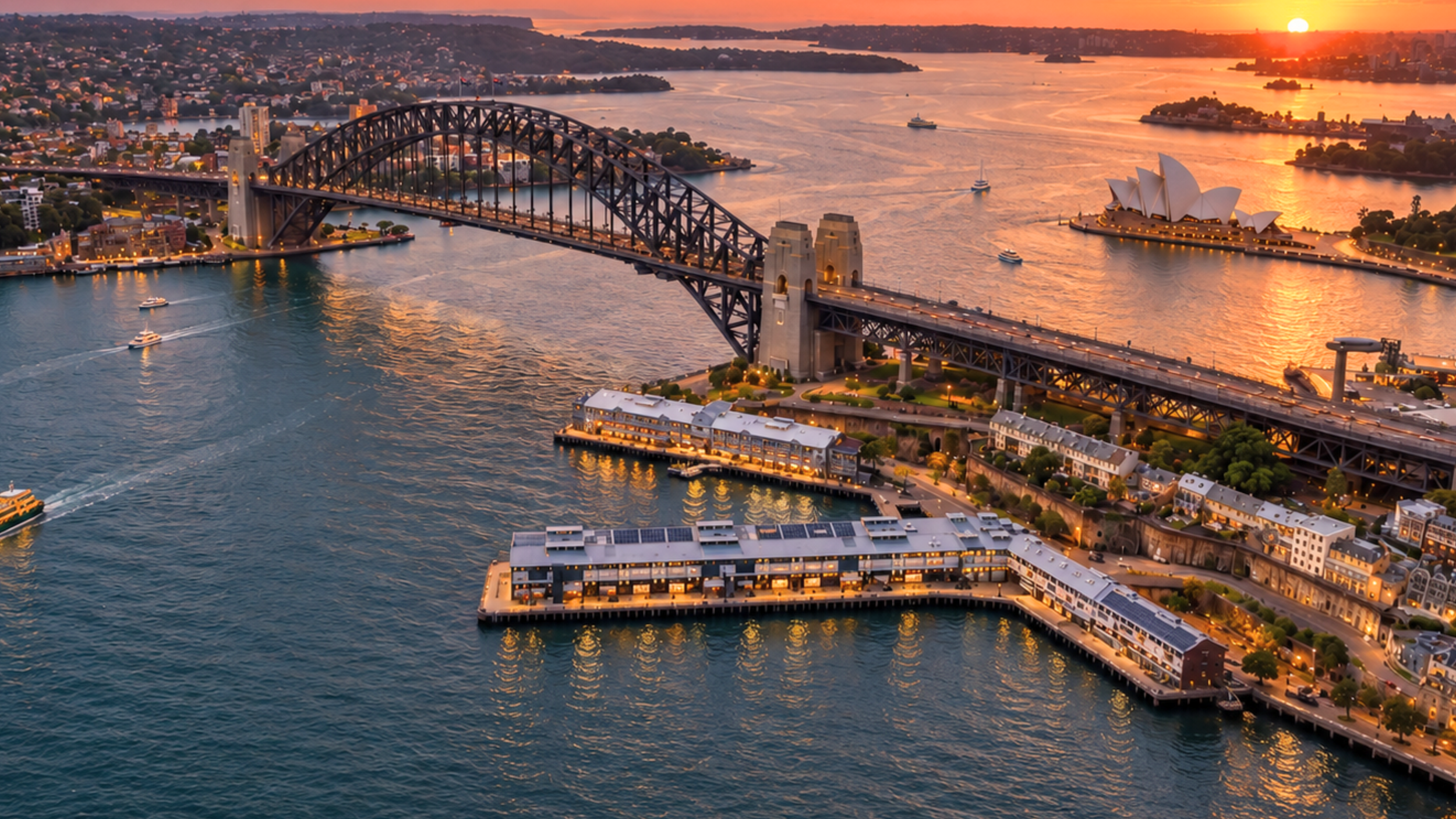 Sydney Harbour at sunset from above: the Harbour Bridge, the Opera House and the Walsh Bay piers