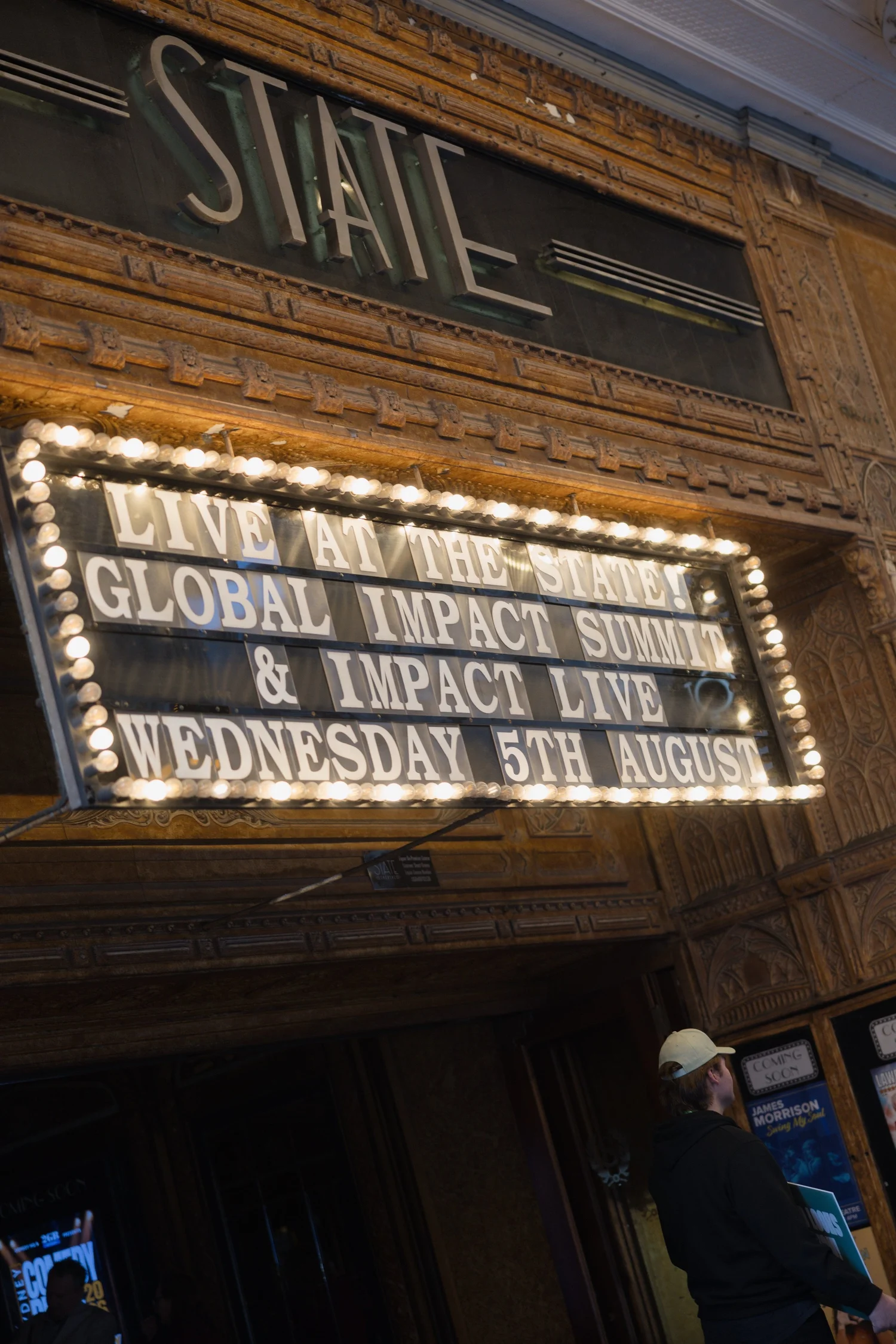 The State Theatre marquee lit up: Live at the State! Global Impact Summit and Impact Live, Wednesday 5th August