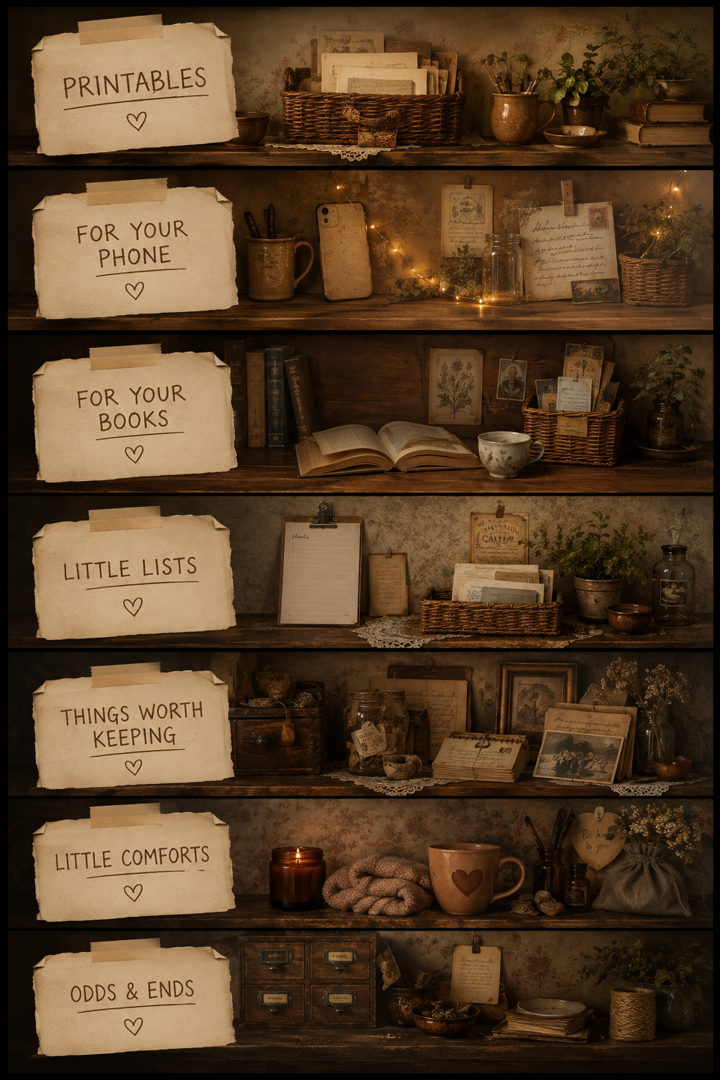 Seven warmly lit shelves containing free Coffee and Changes resources