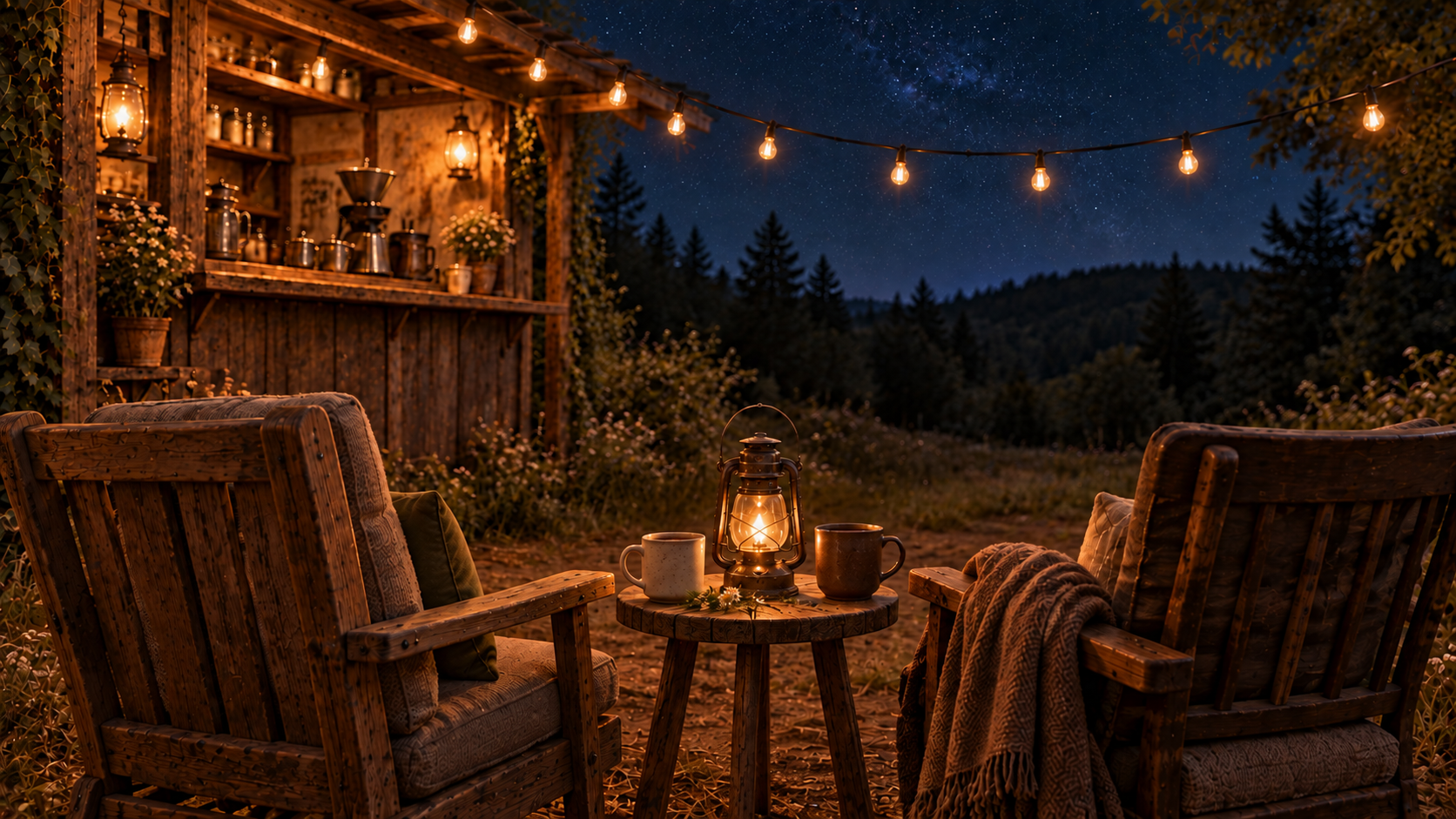 Two welcoming chairs, two warm mugs and a lantern beside the Takeaway Stand at night