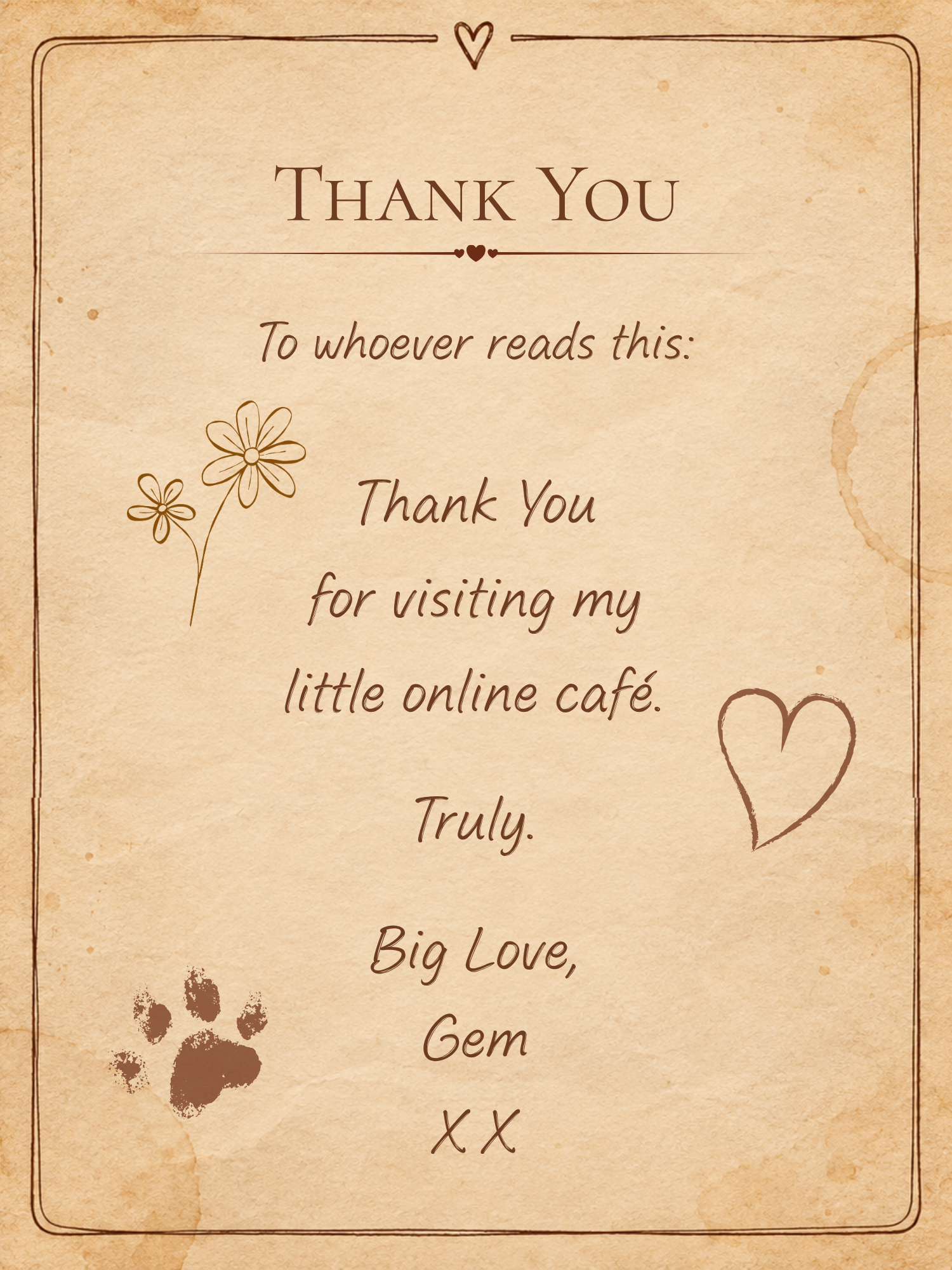 A thank-you note to café visitors, signed by Gem with Cashmere's paw print