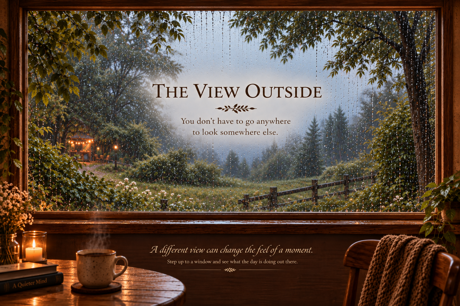 A rain-speckled café window looking over trees and grass, with the Takeaway Stand just visible in the distance.