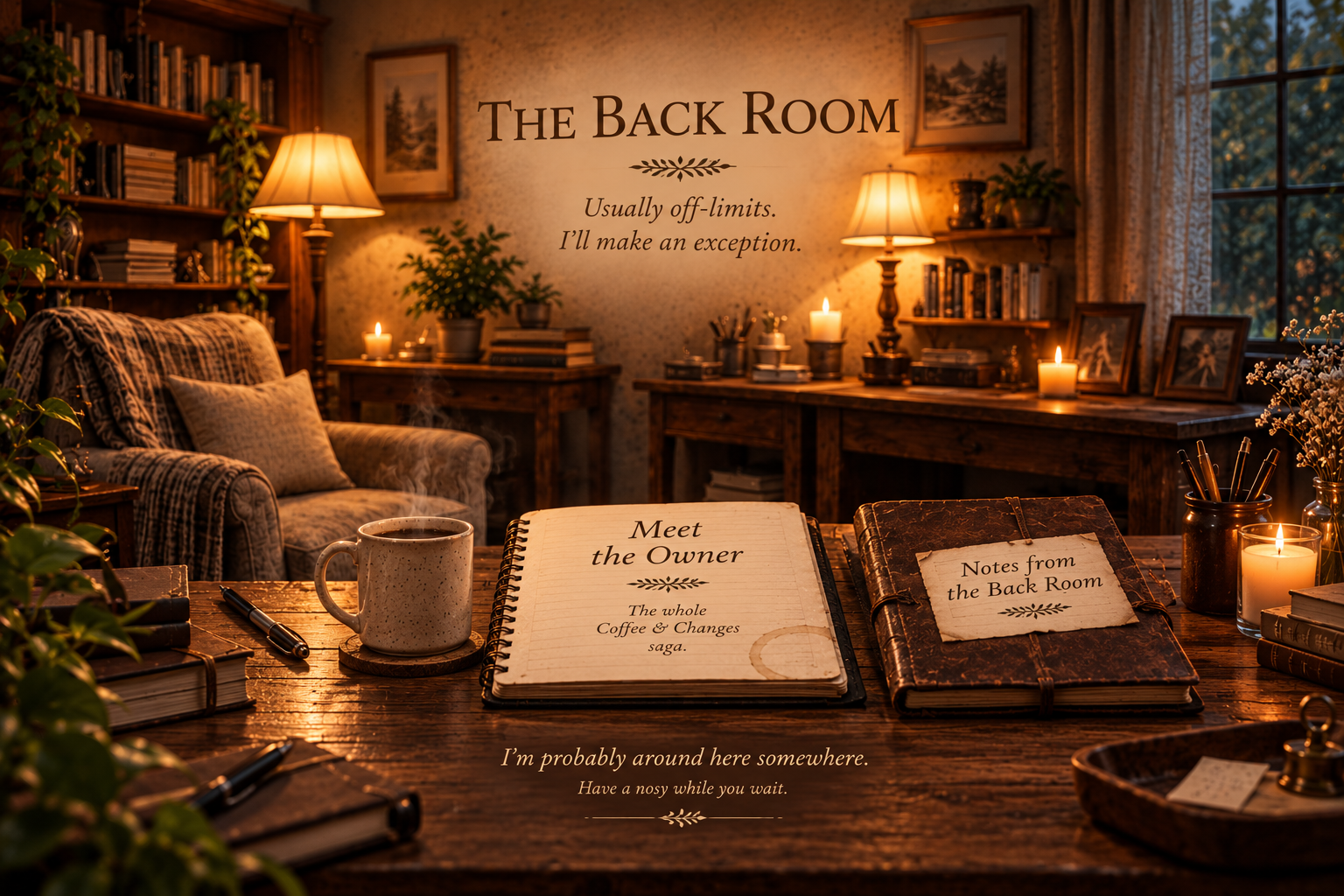The Back Room: a warm, cosy office with an open notebook for Meet the Owner and a leather journal for Notes from the Back Room.