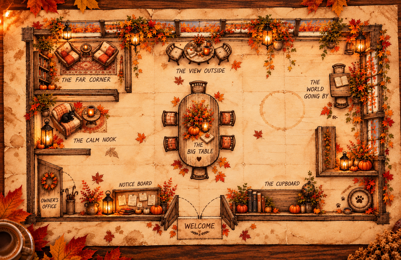 An old hand-drawn floor plan of the Coffee and Changes café.