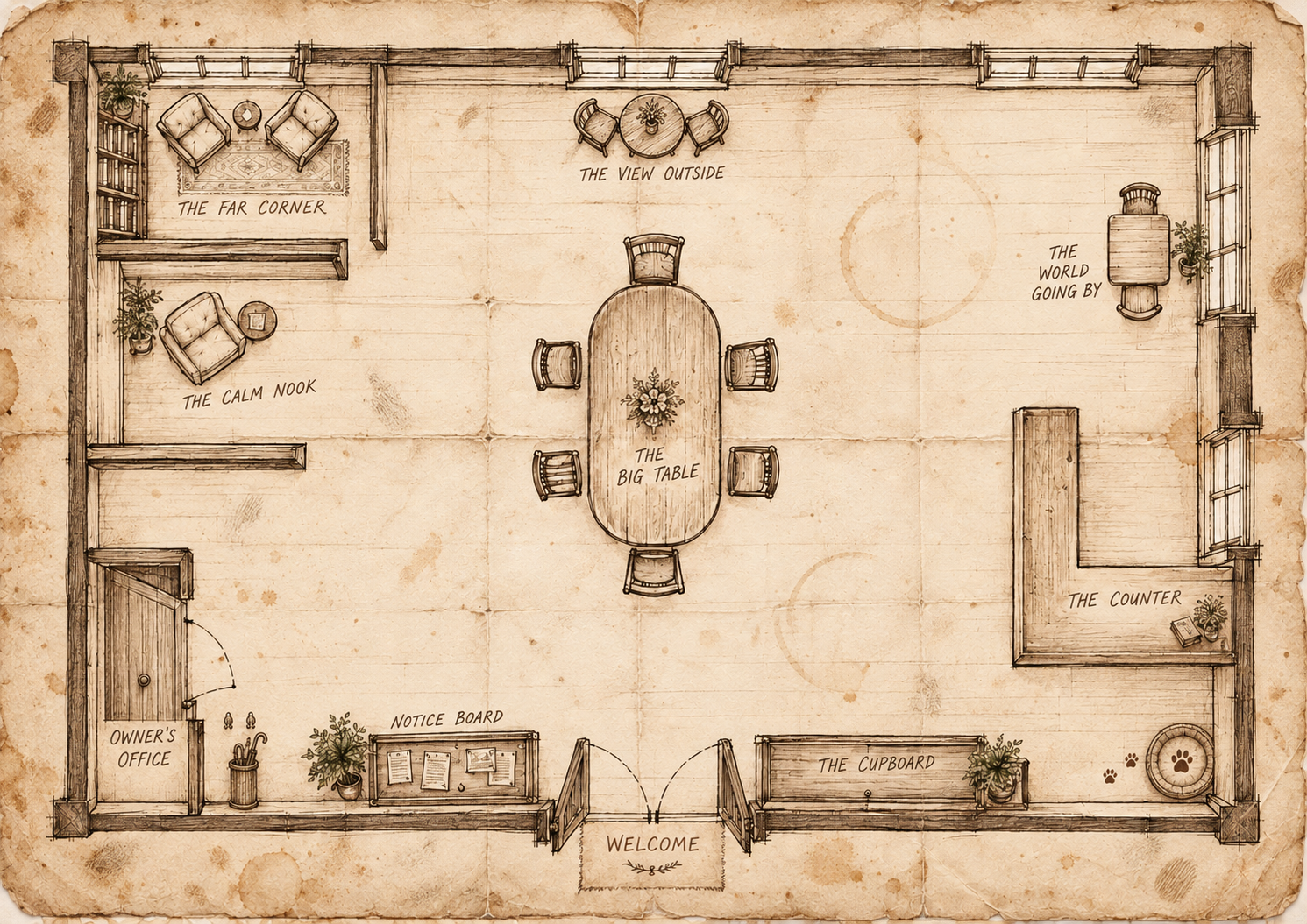 An old hand-drawn floor plan of the Coffee and Changes café.