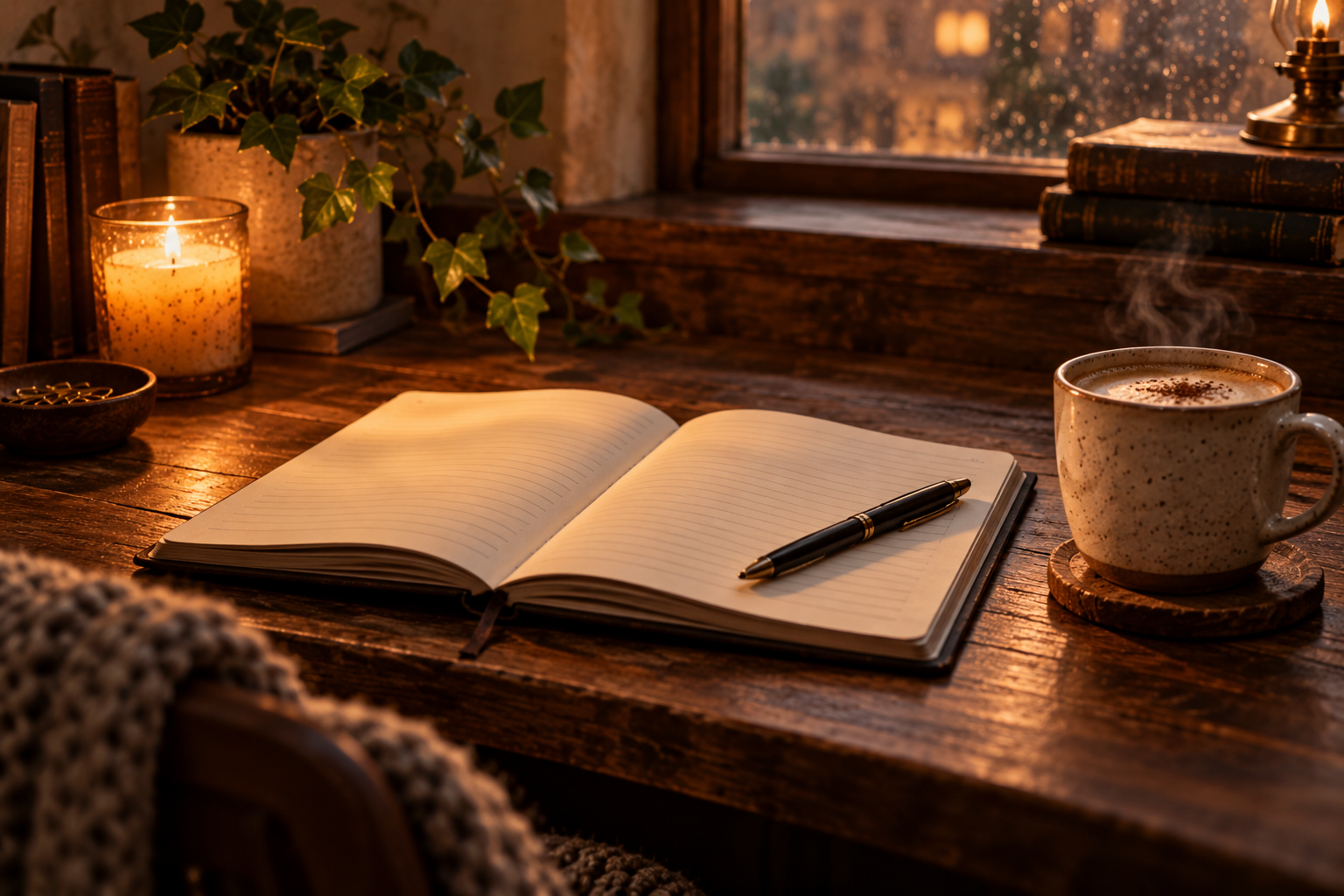A cosy writing desk with an open journal, pen and hot coffee.