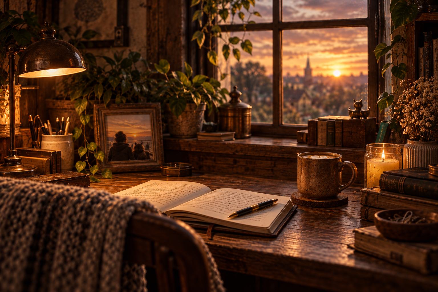 A warm writing desk in The Back Room, with an open journal, coffee and a small framed photograph.