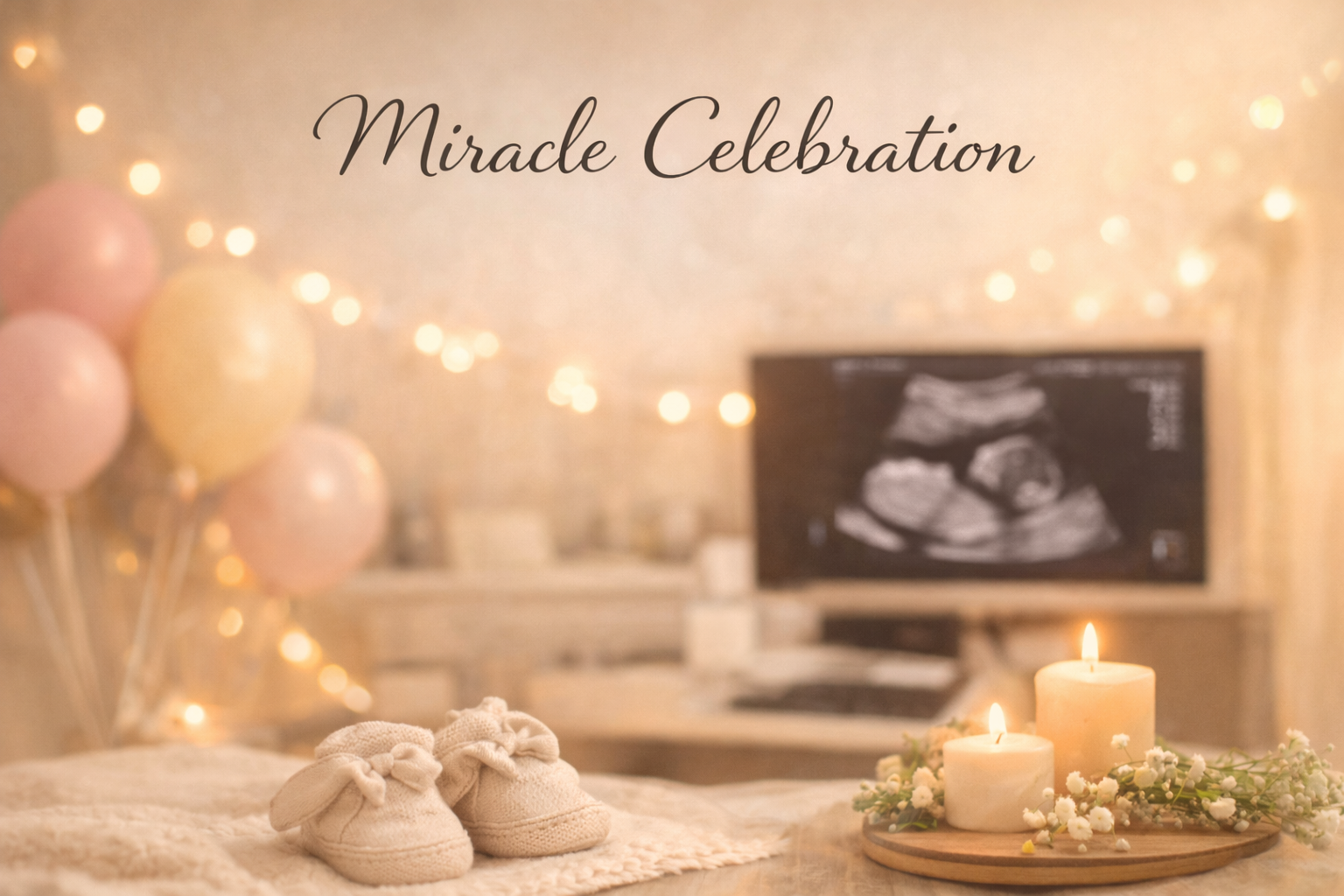 Miracle Celebration package illustration with balloons, candles and a viewing screen