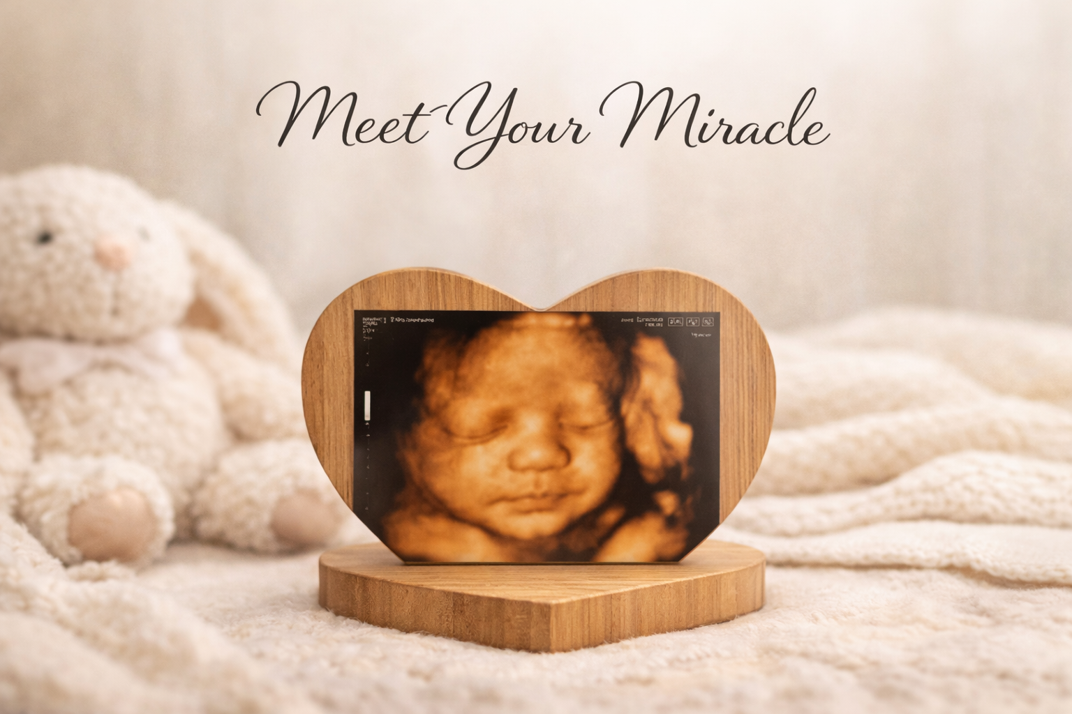 Meet Your Miracle package illustration with a 3D ultrasound keepsake, wooden heart frame and soft blanket