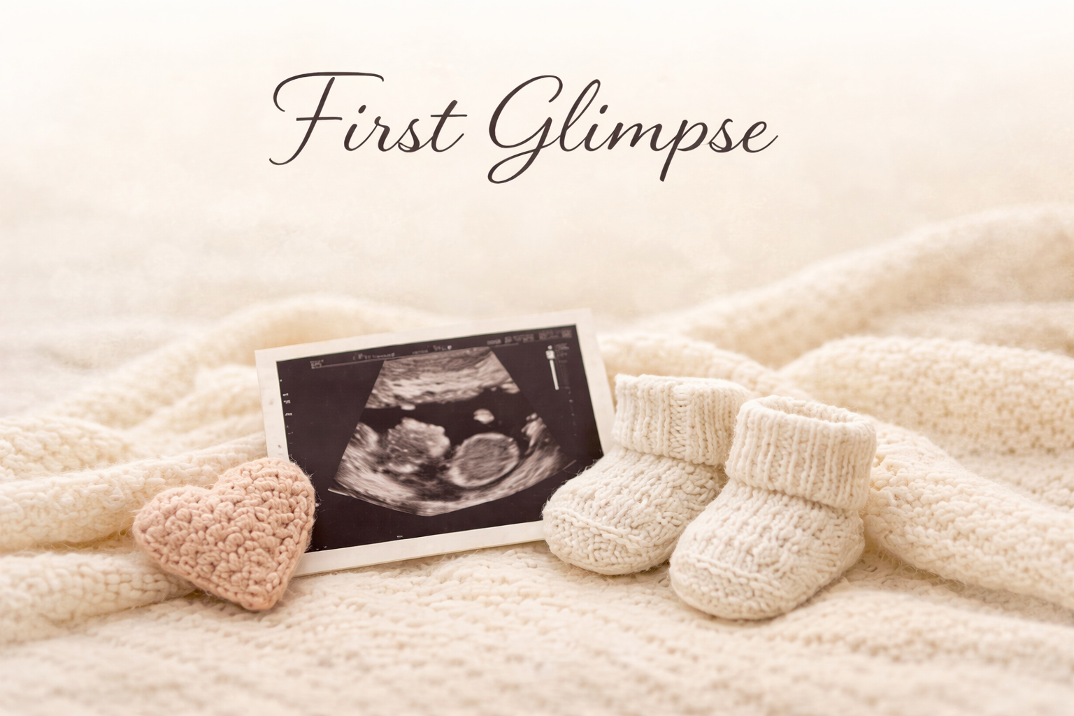 First Glimpse package illustration with a black-and-white ultrasound, knitted boots and heart