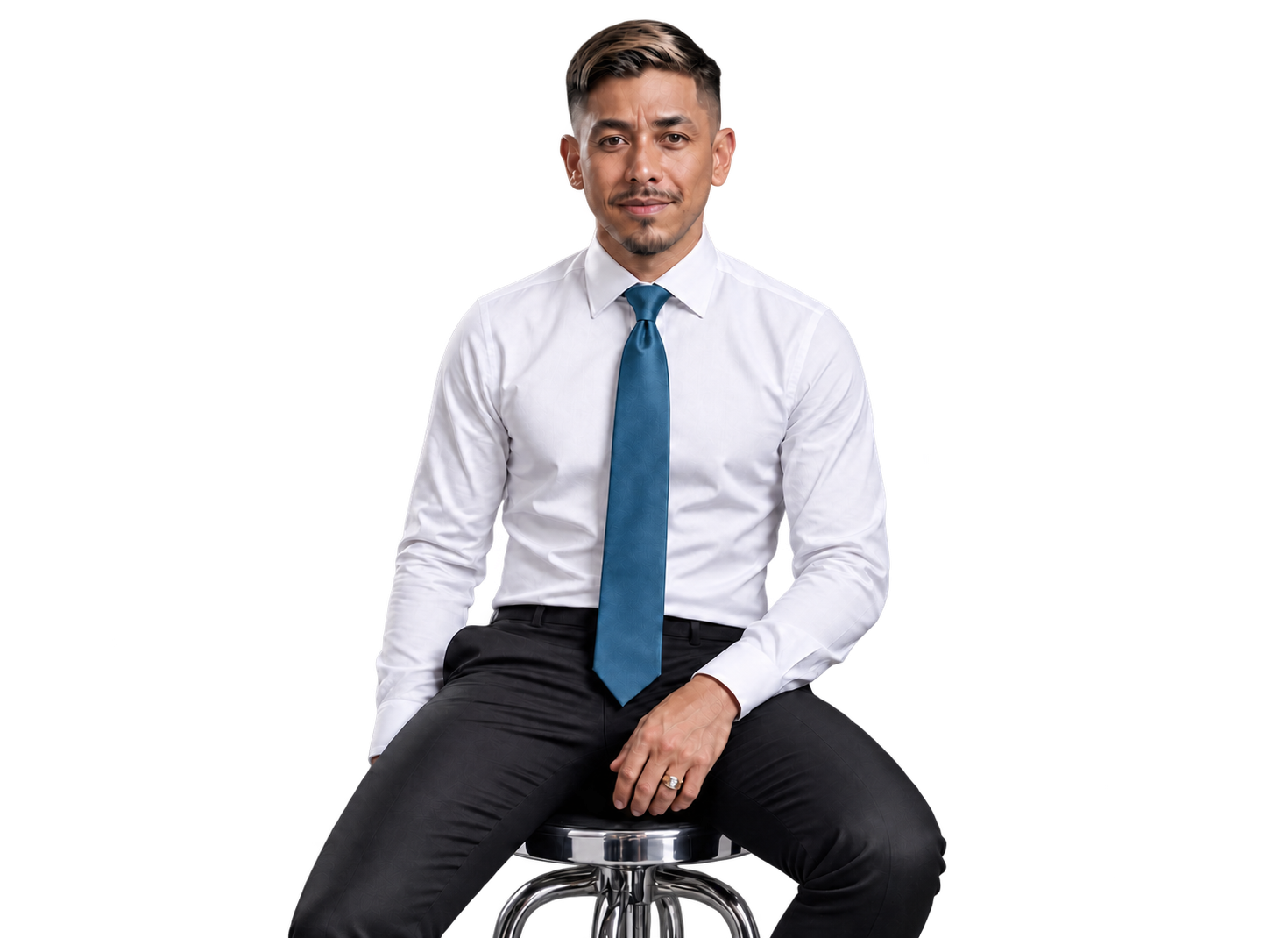 Rene Campos seated in a white shirt and blue tie.