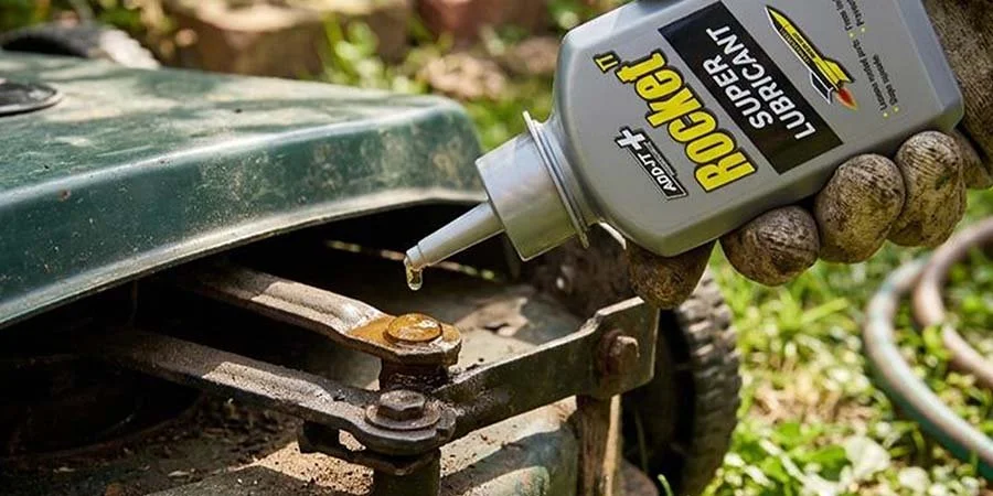 Rocket TT Super Lubricant 125ml Bottle Being Applied To Lawnmower Bolt