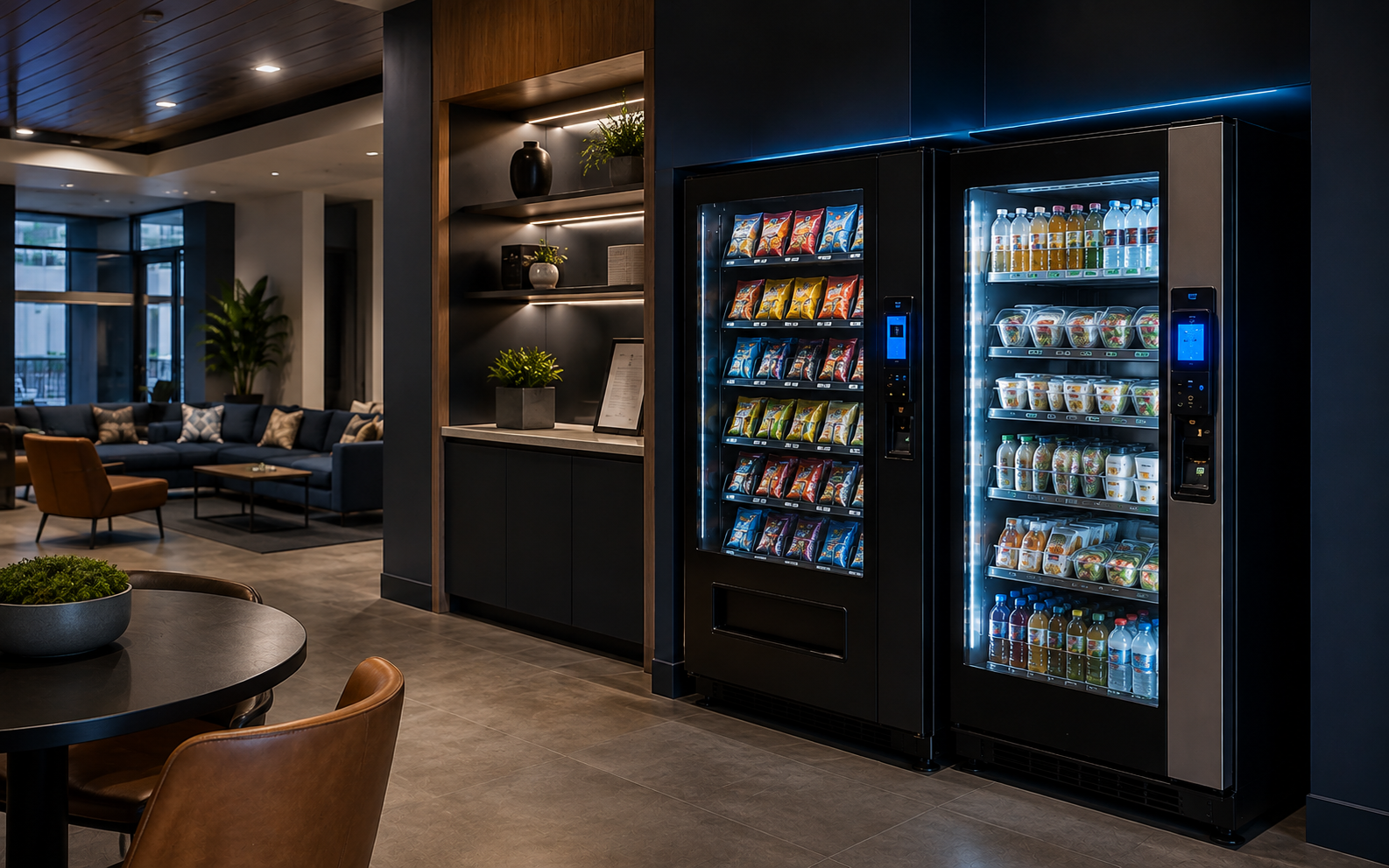 Modern vending and smart cooler amenity inside an upscale apartment community lounge
