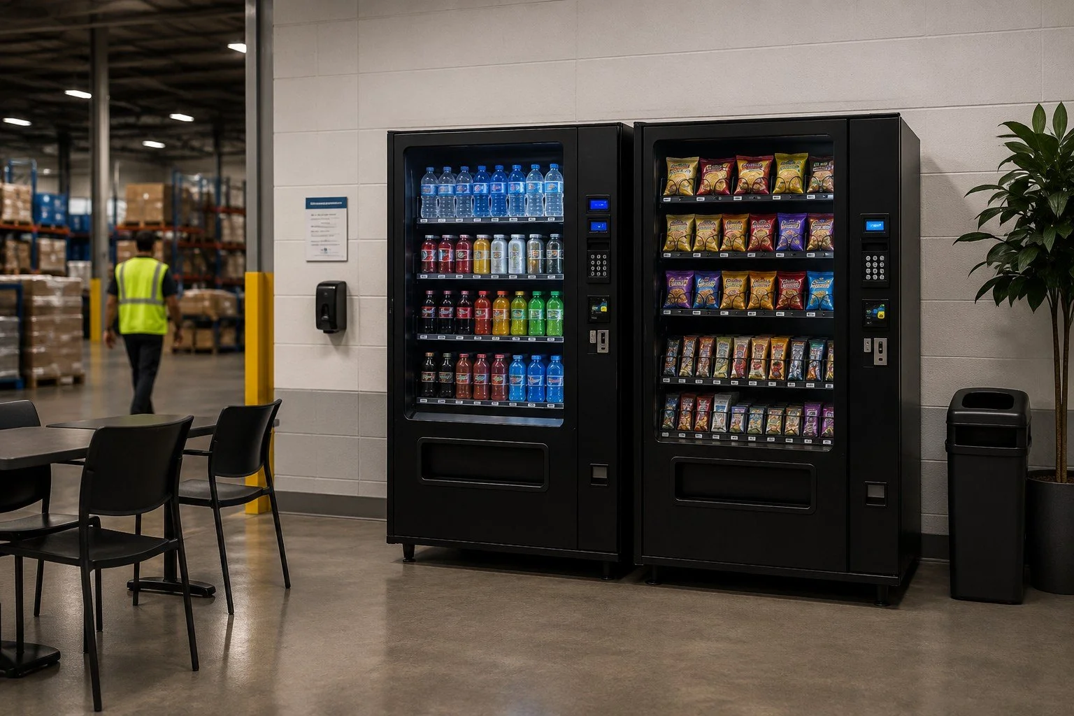 Professional vending service setup with organized product restocking