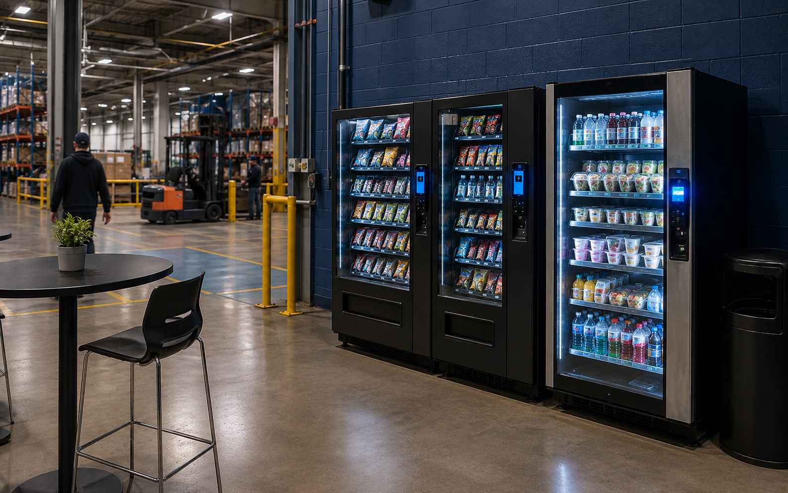 Cashless vending machines providing around the clock food and beverage access in a warehouse break area