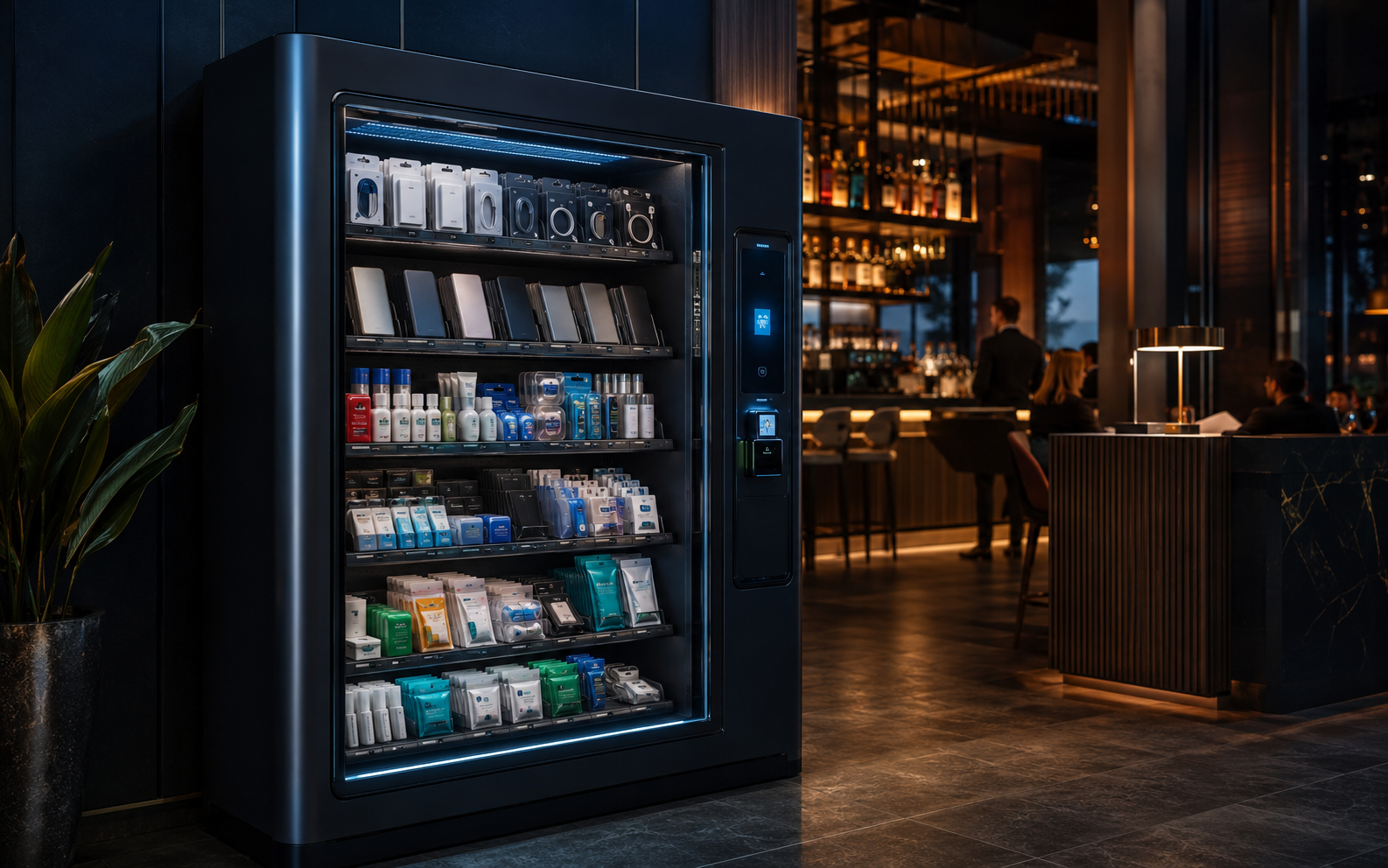 Curated cashless vending concept offering practical convenience items inside a restaurant or bar environment
